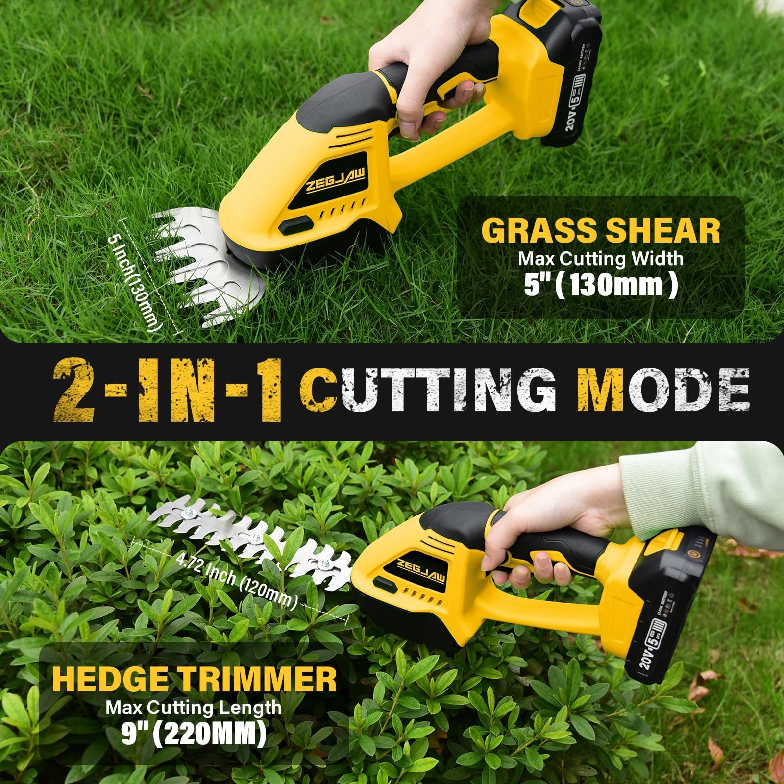 ZEGJAW 20V cordless hedge trimmer and grass shear, handheld electric tool with dual blades for trimming hedges and grass.