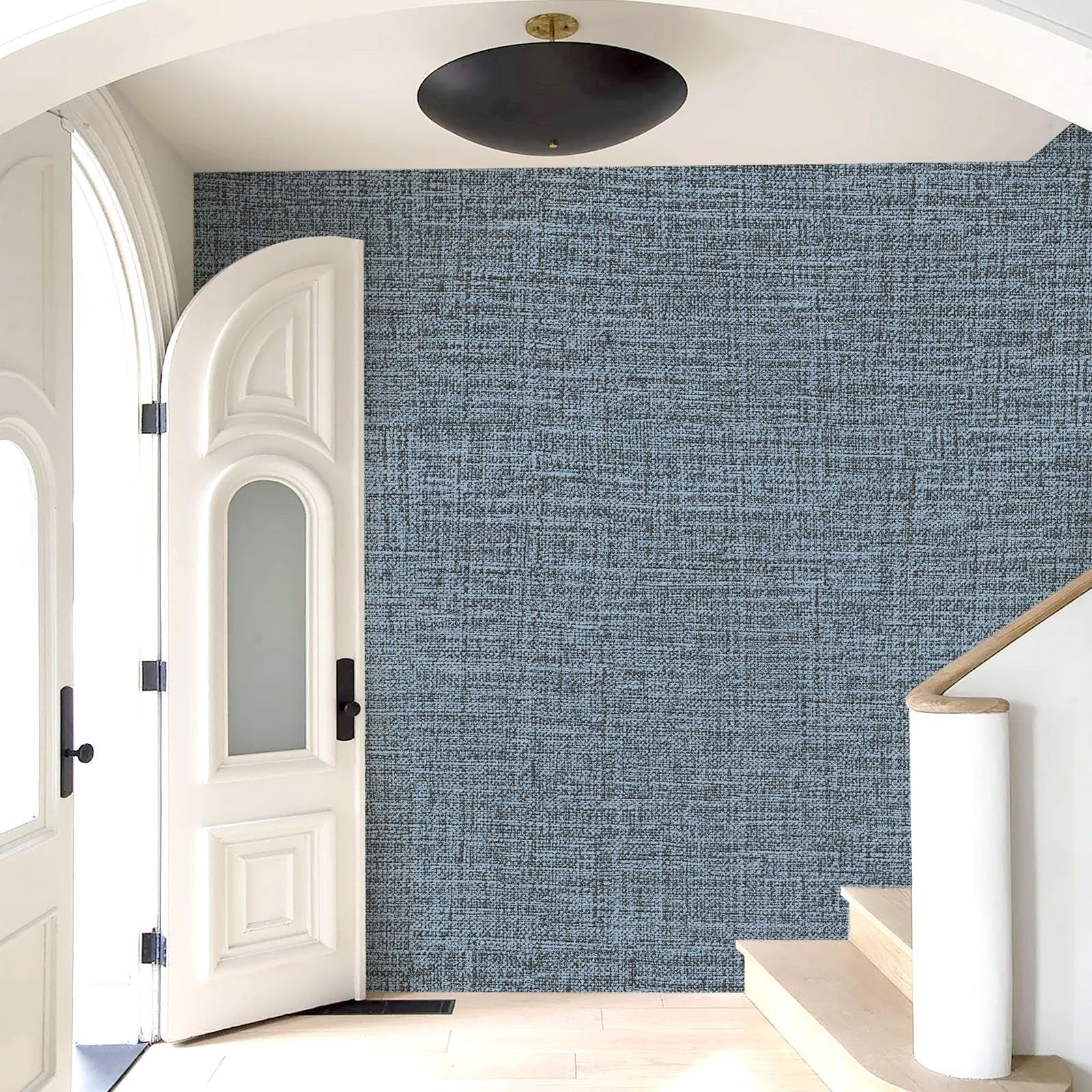 Blue Amiya grasscloth wallpaper peel and stick faux fabric linen contact paper with textured, natural-looking woven pattern.