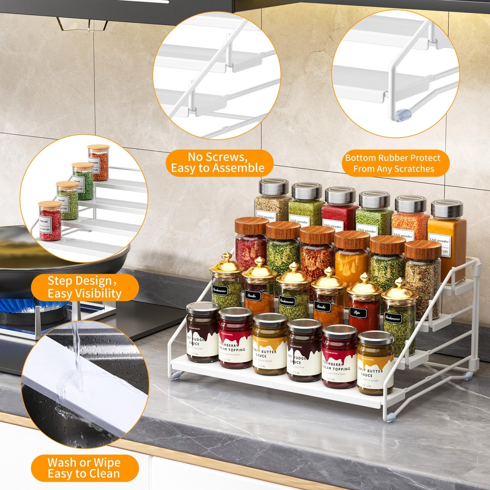 RCHYFEED 4-tier spice rack organizer for cabinet, sturdy metal spice storage solution for kitchen organization.