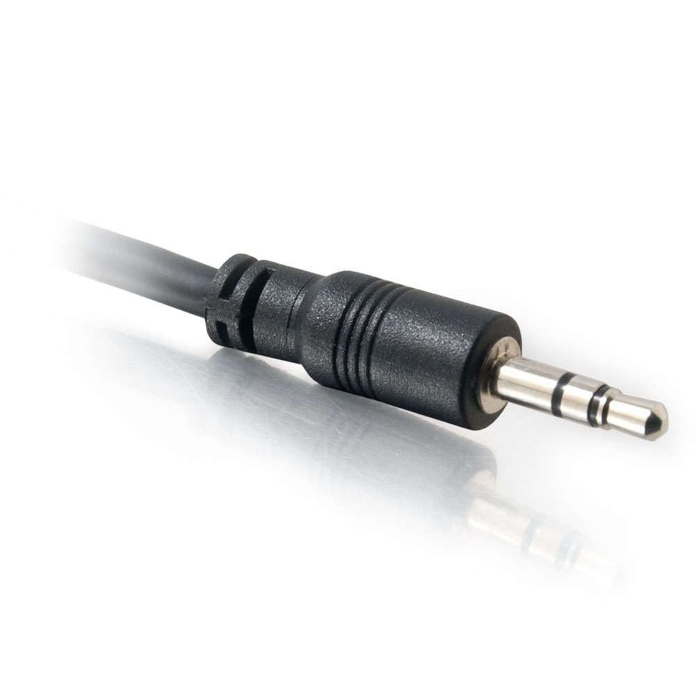 C2G Legrand 3.5mm stereo audio cable with male to male connectors in black, shown coiled for audio device connectivity.