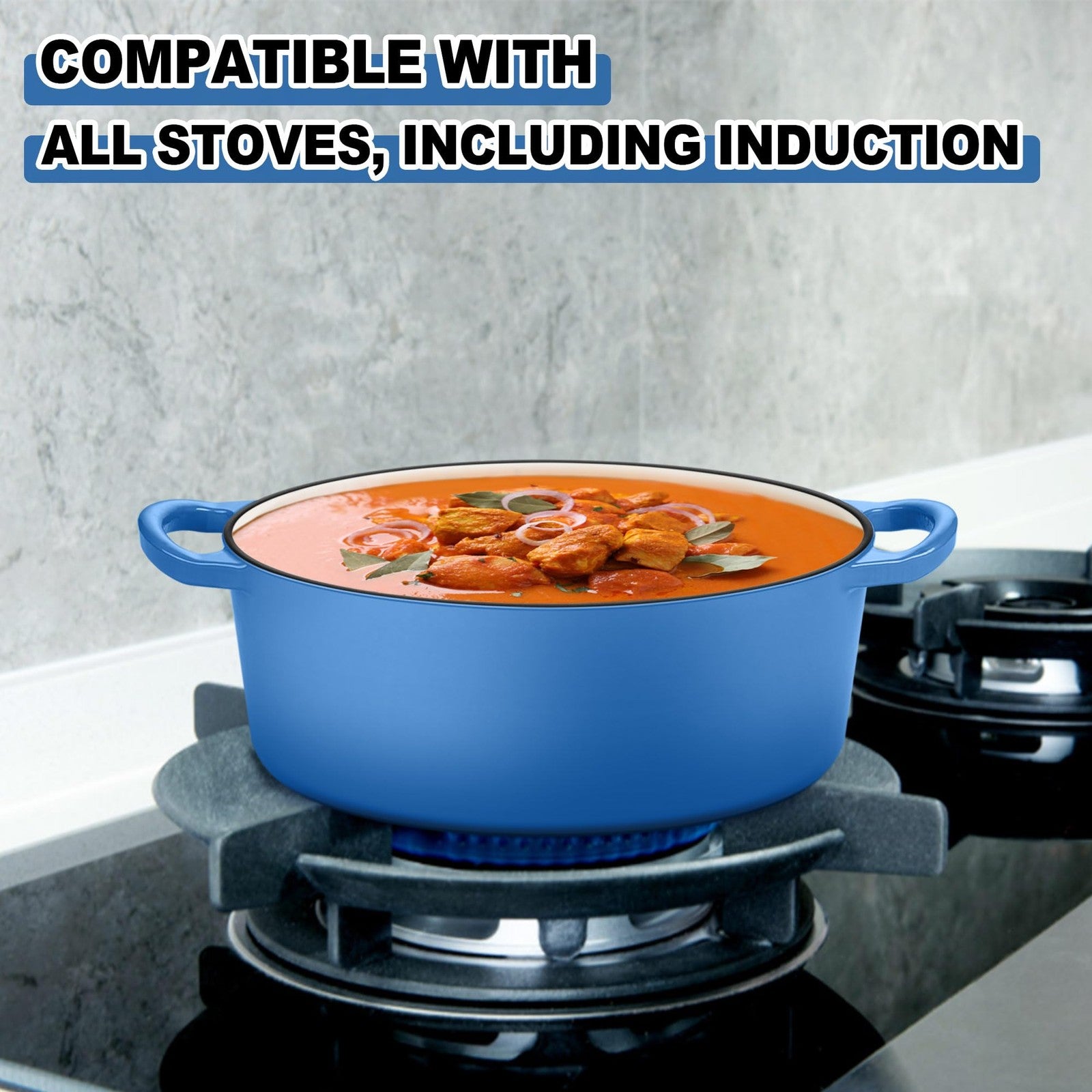 E-far 5QT oval enameled cast iron Dutch oven with lid, ideal for slow cooking and braising in the kitchen
