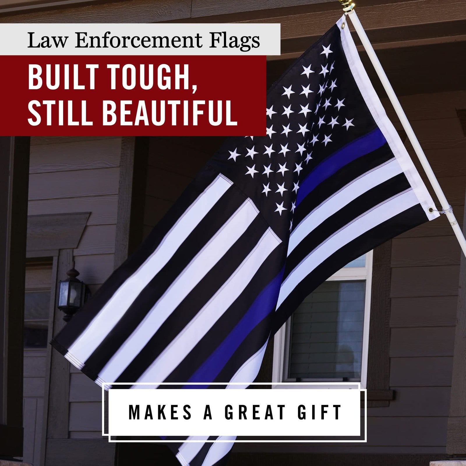 Front Line Flags Thin Blue Line USA flag, 5x8 ft, embroidered heavy-duty police banner with blue line and stars.