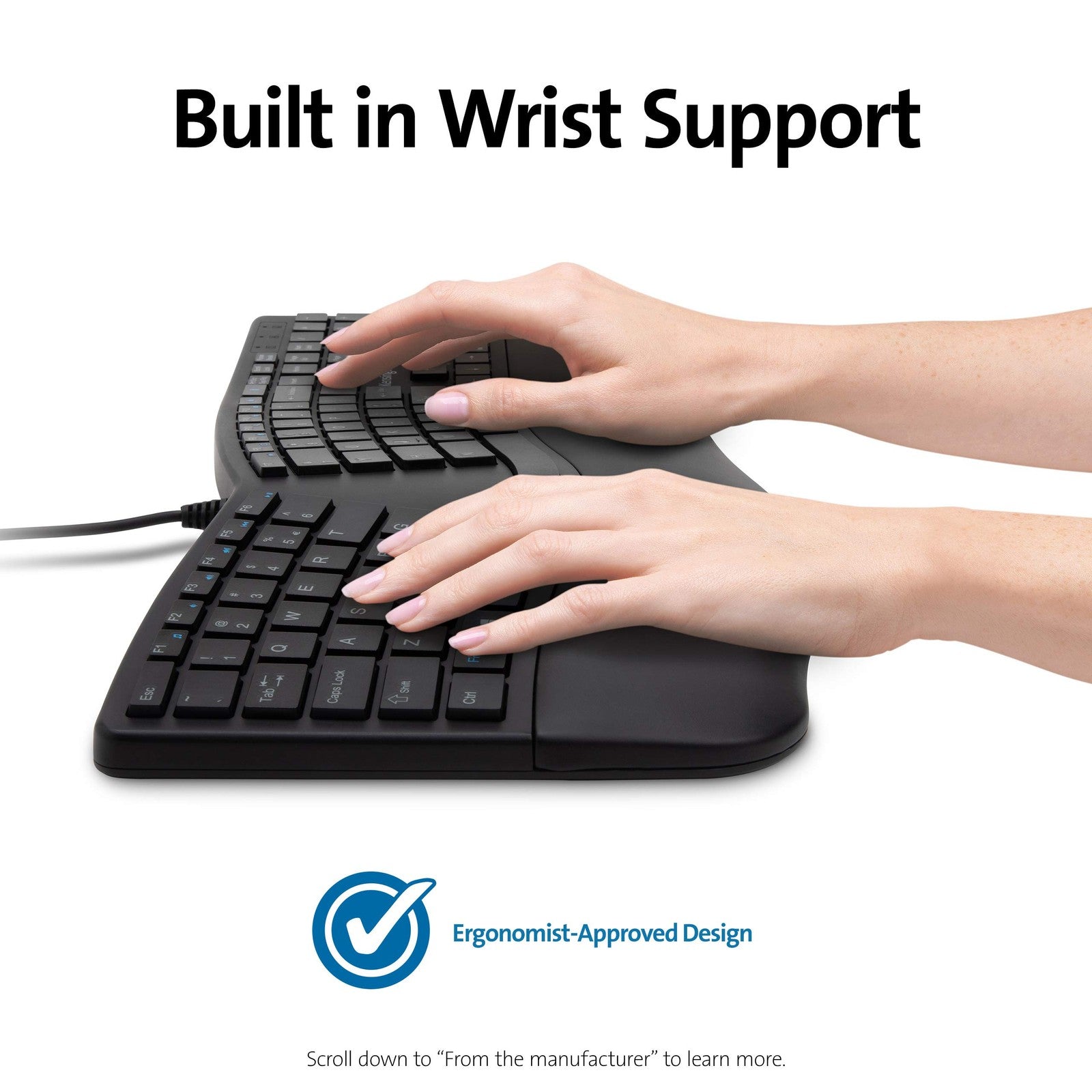 Kensington Pro Fit ergonomic wired keyboard in black with full-sized keys and a sleek design for comfortable typing.