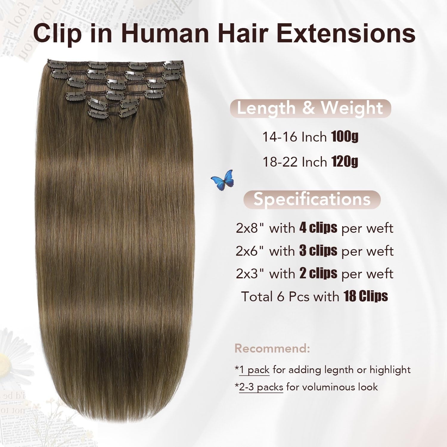 XDhair clip-in hair extensions in ash brown, 14-inch straight real human hair, 100g for natural, seamless volume.