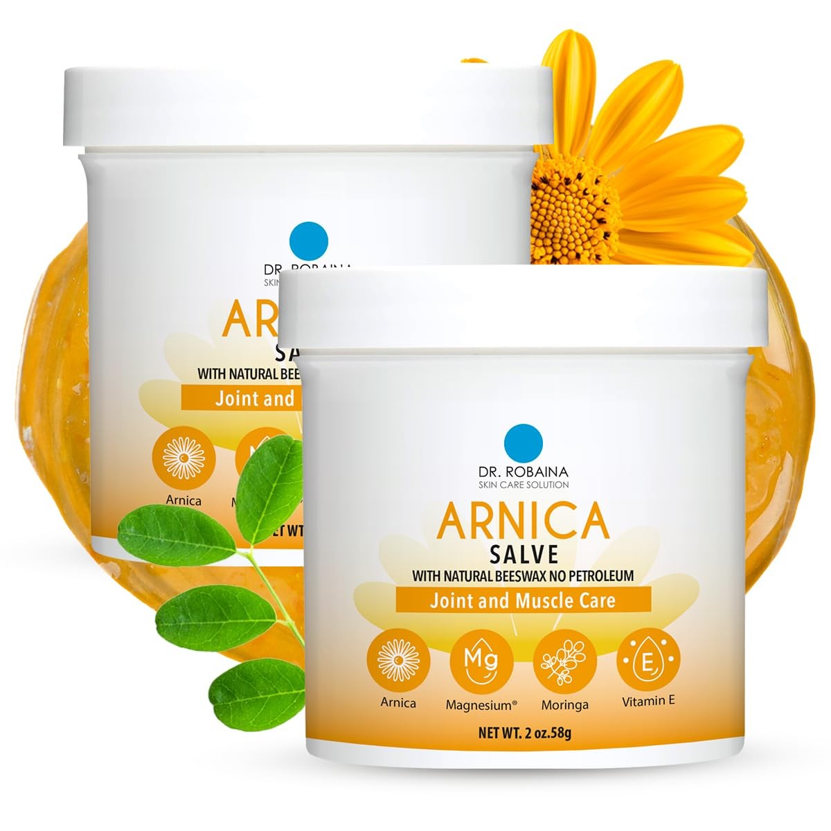 Dr. Robaina Arnica Salve in a jar, fast-absorbing balm for bruises, swelling, and muscle recovery, shown in a close-up image.