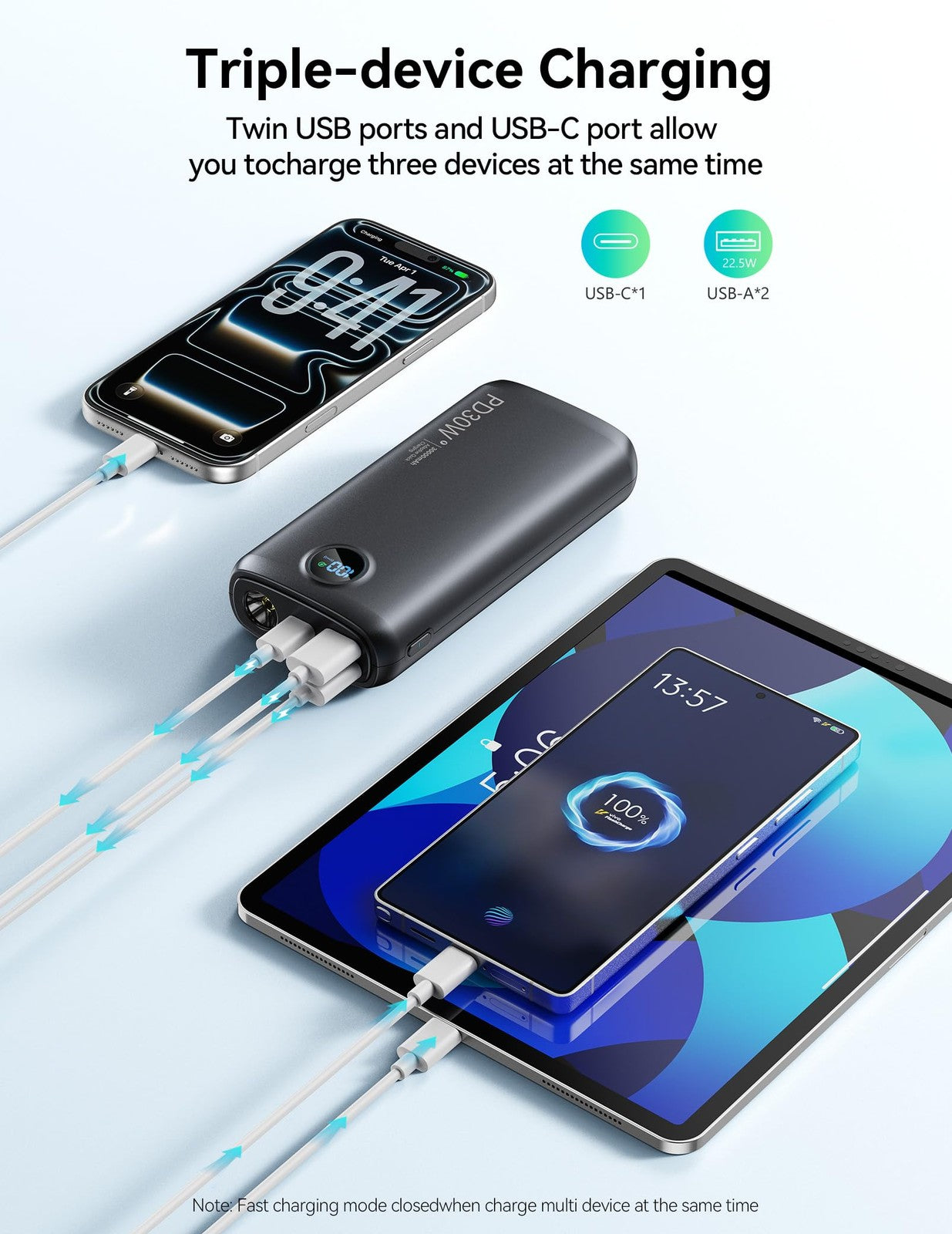 DIAMUAR 30000mAh portable power bank with 30W USB C fast charging, ideal for travel and on-the-go device charging.