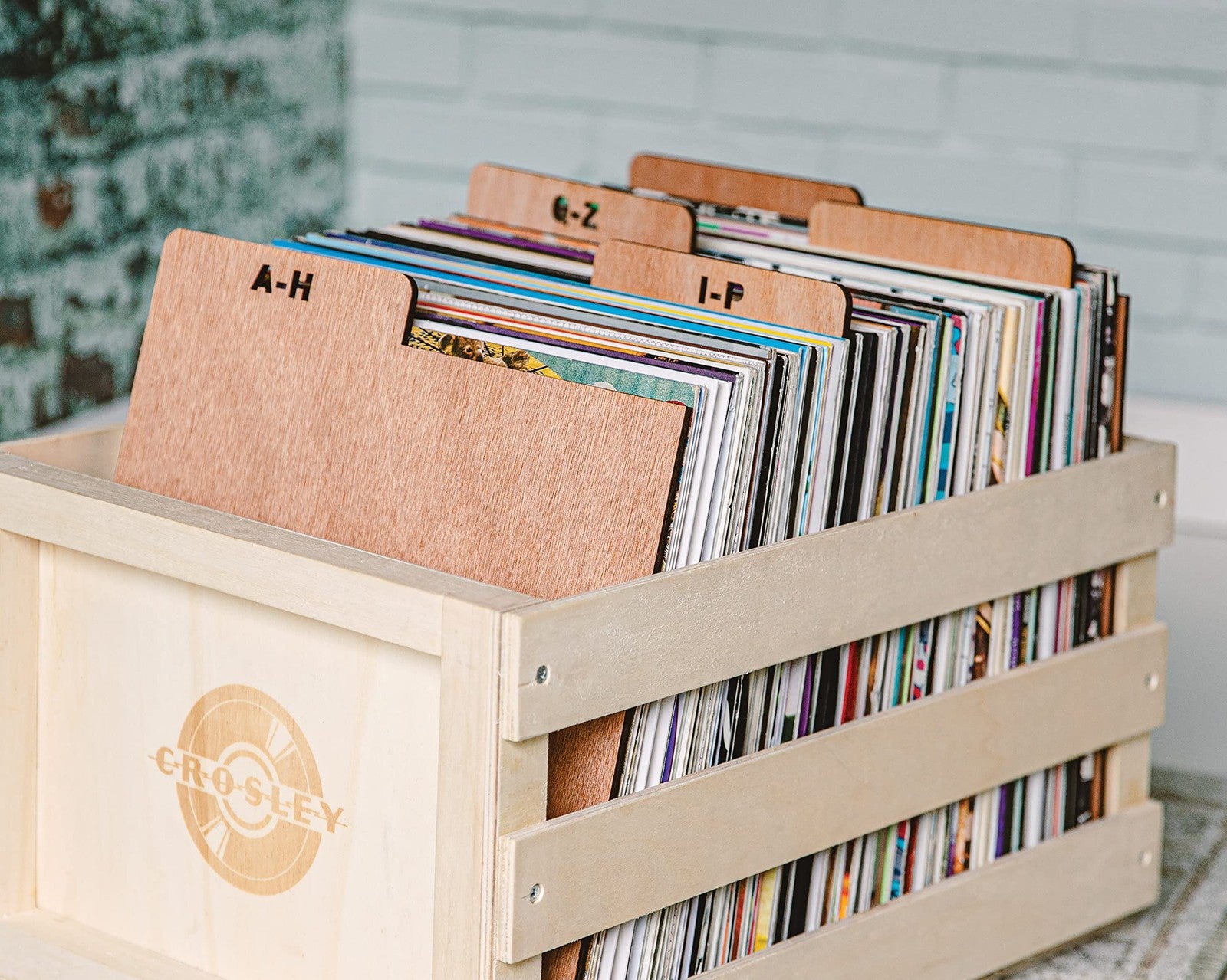 Set of five Crosley AC1045A-NA A-Z wooden crate dividers in natural wood, showing the adjustable and sturdy design for crate organization.