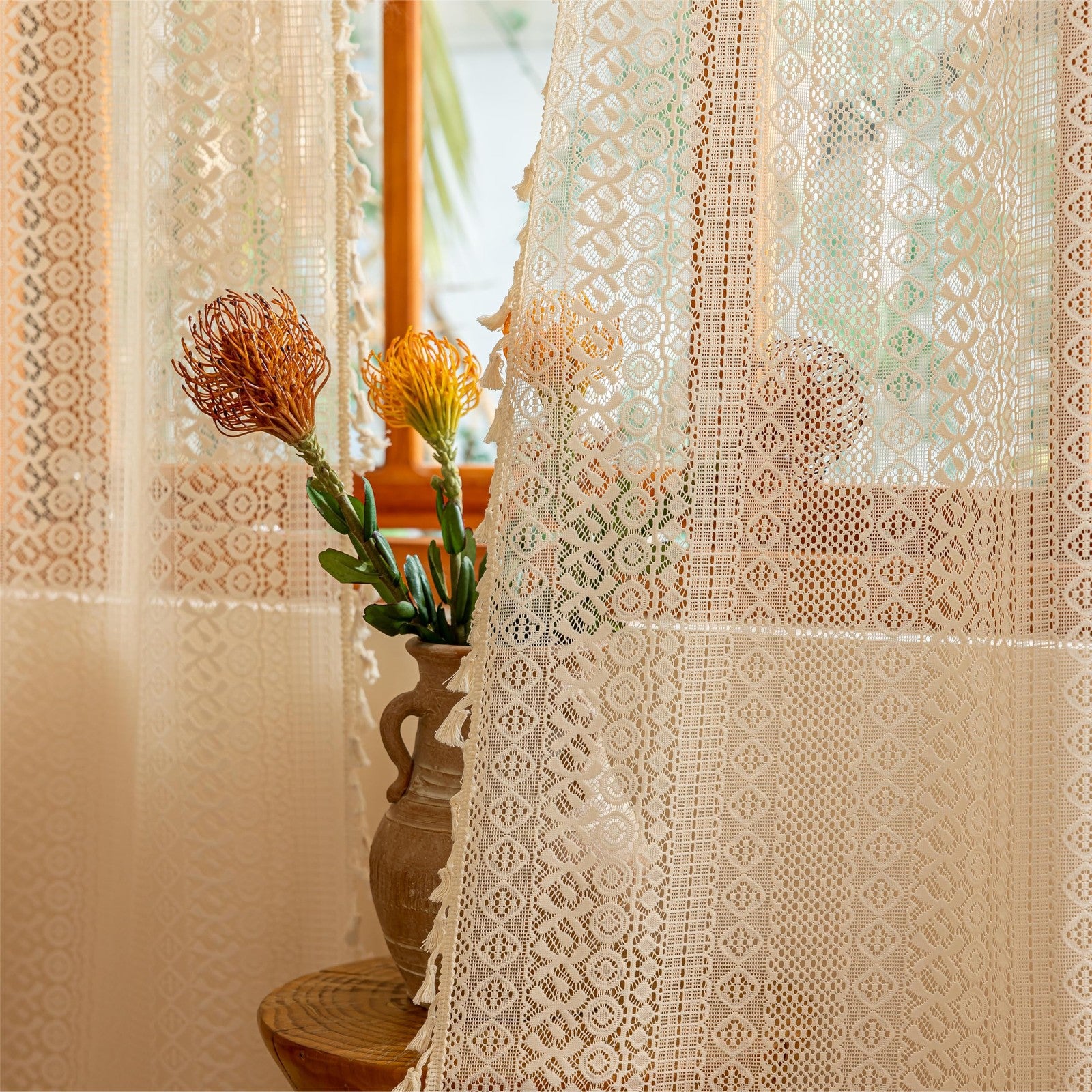 Beige boho vintage lace curtains from Sutuo Home, 108 inches long, designed for dining room decor.