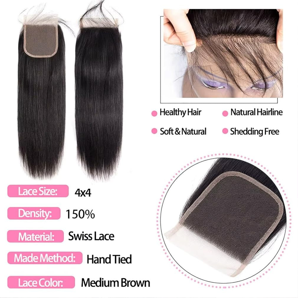 Unbranded human hair bundles with 4x4 closure in 14, 16, 18, and 20 inches, displayed on a flat surface.