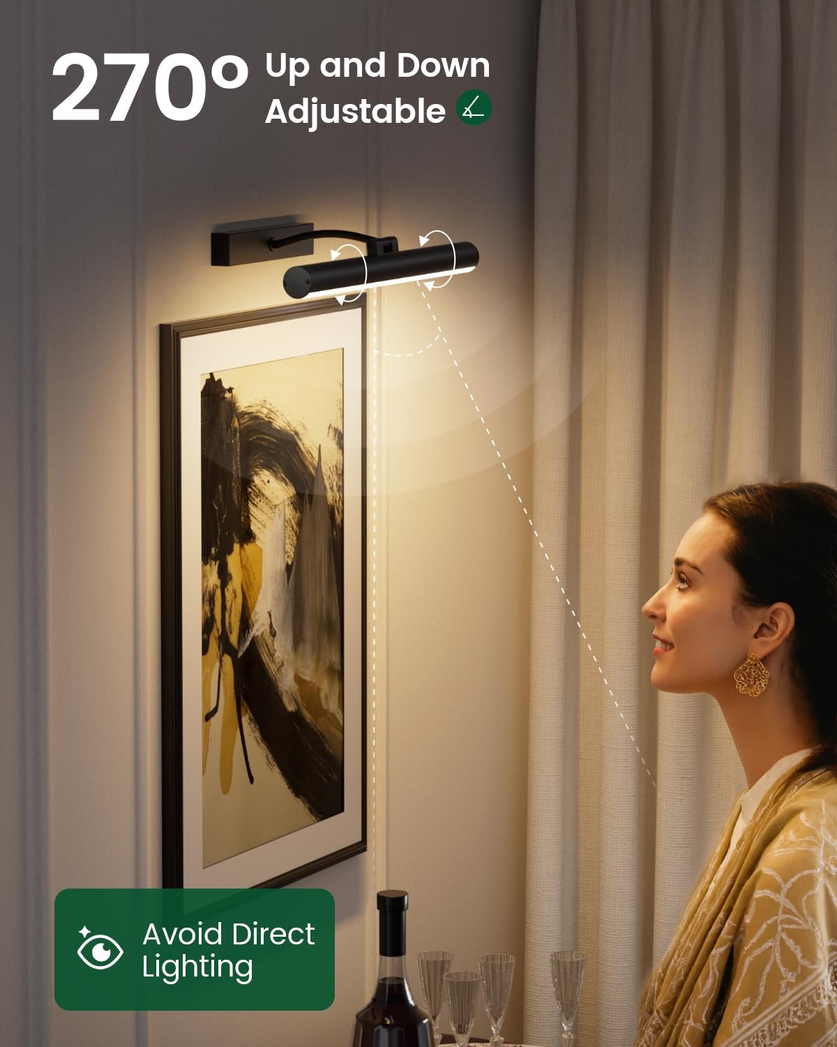 Bridika battery-operated wall picture light with remote, showing three color modes and adjustable brightness on a gallery wall.