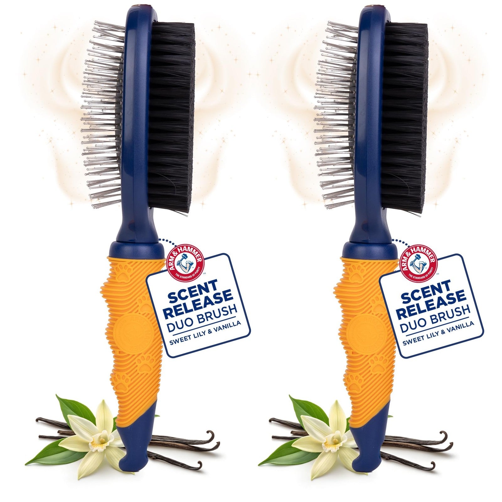 Arm & Hammer deodorizing dog grooming brush with pin and bristle design, featuring fragrance transfer for fresh-smelling pet grooming.