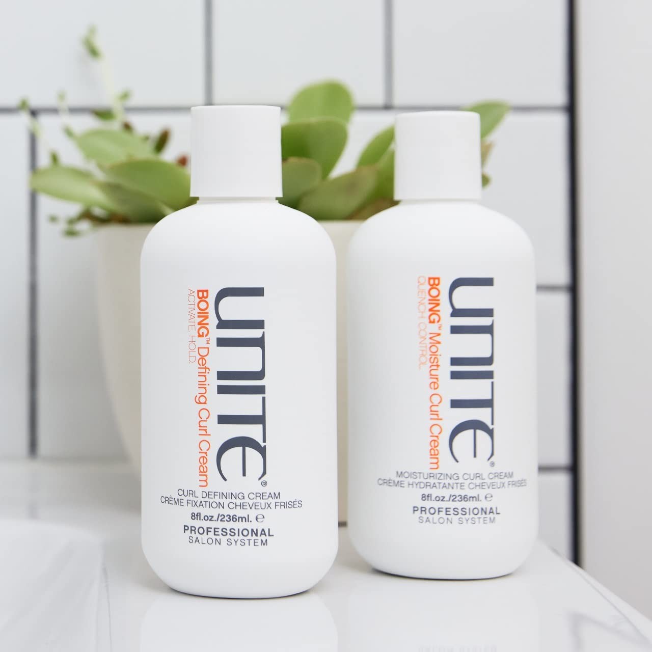 UNITE Hair BOING Curl Cream jar with product label, showcasing moisturizing, frizz-control formula for defining curls