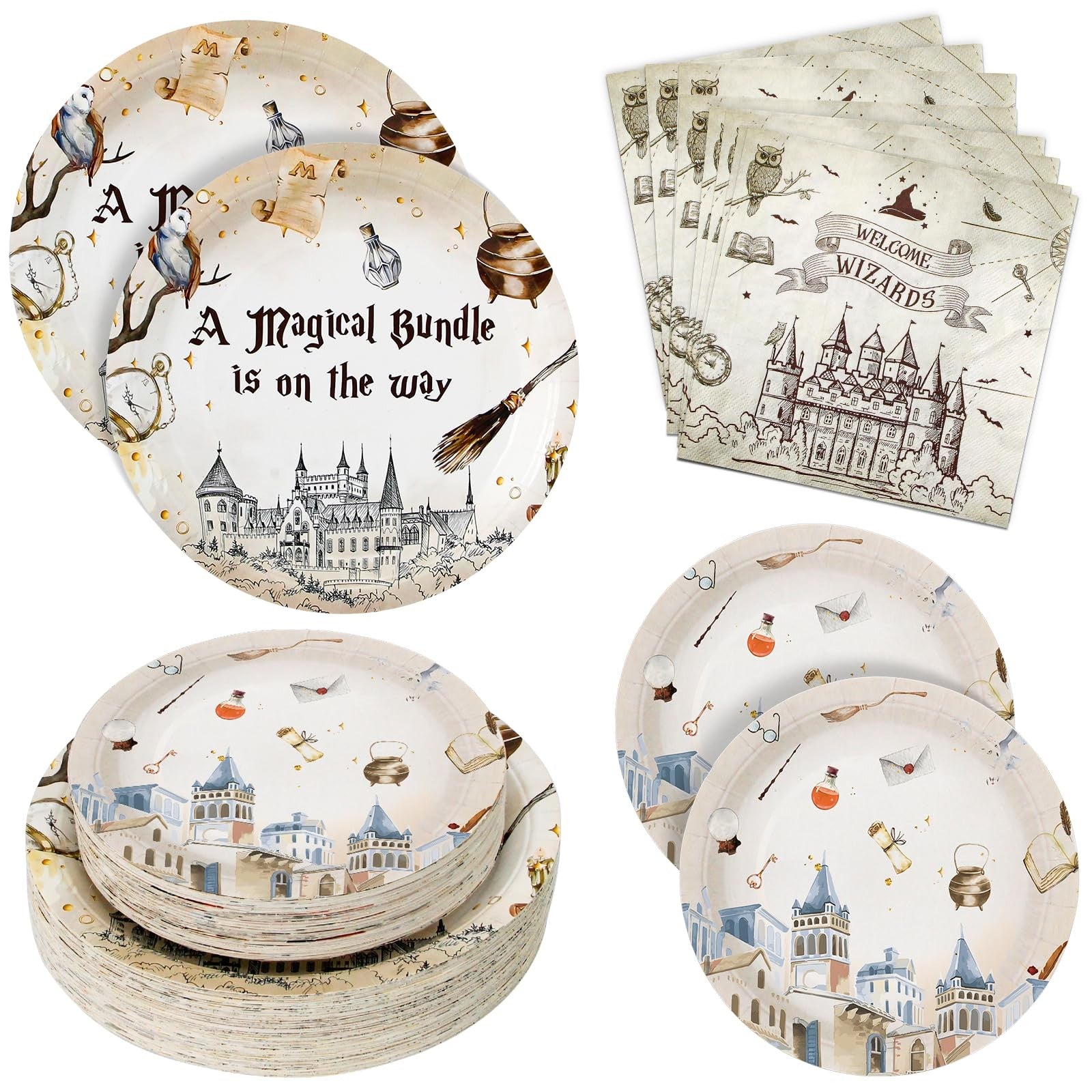 Dhnvcud 180-pack magical wizard-themed paper plates for parties, featuring colorful wizard designs and festive party supplies.