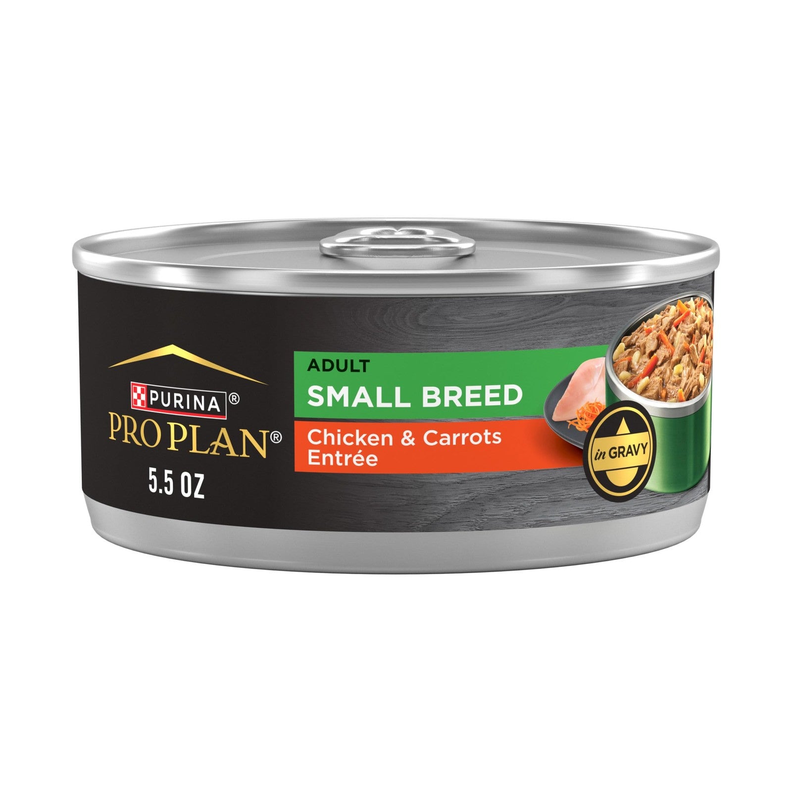 Cans of Purina Pro Plan adult small breed wet dog food with chicken and carrots, 24-pack, 5.5 oz each, displayed on a countertop.