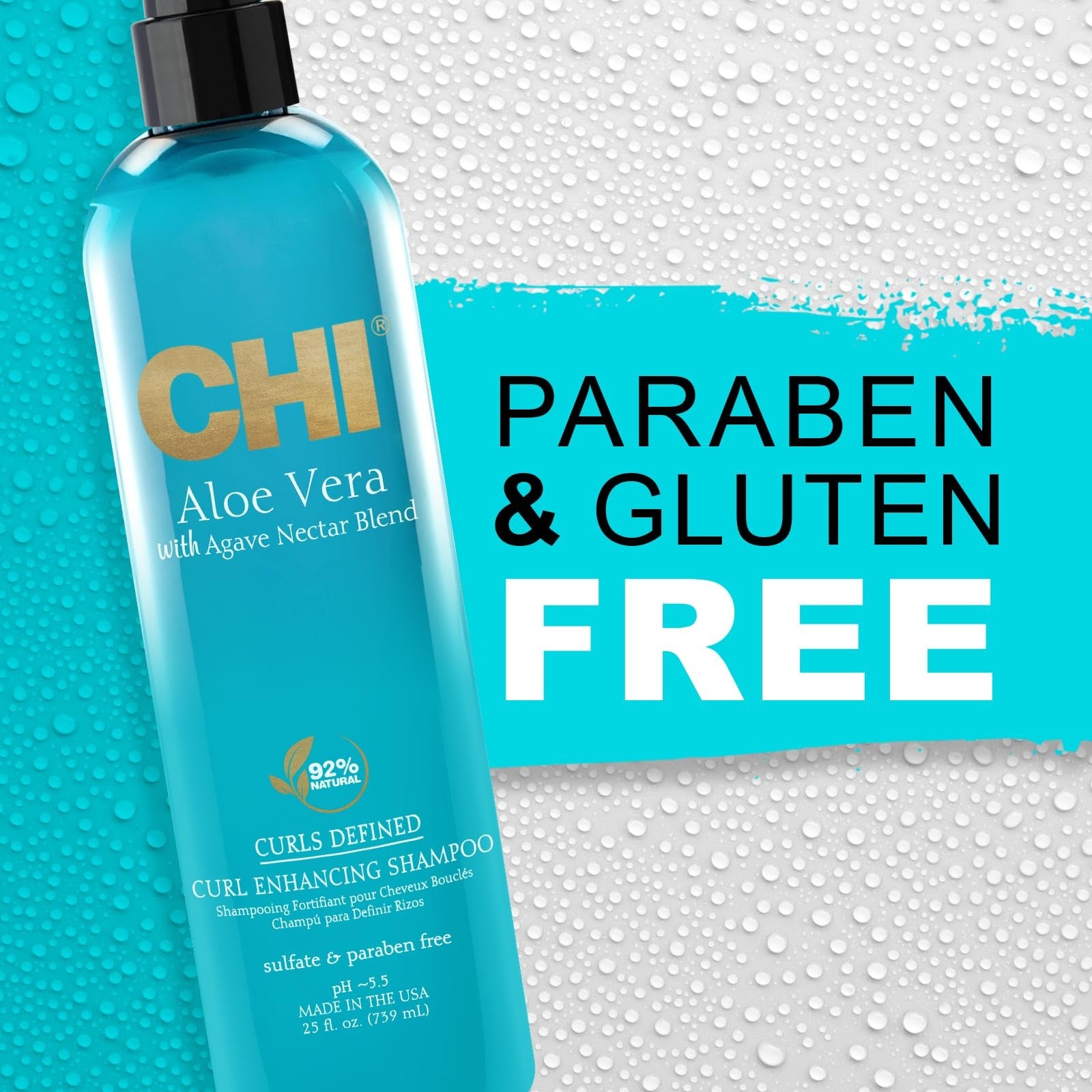 CHI Aloe Vera Curl Enhancing Shampoo bottle with label, featuring a green aloe vera leaf and clear shampoo liquid
