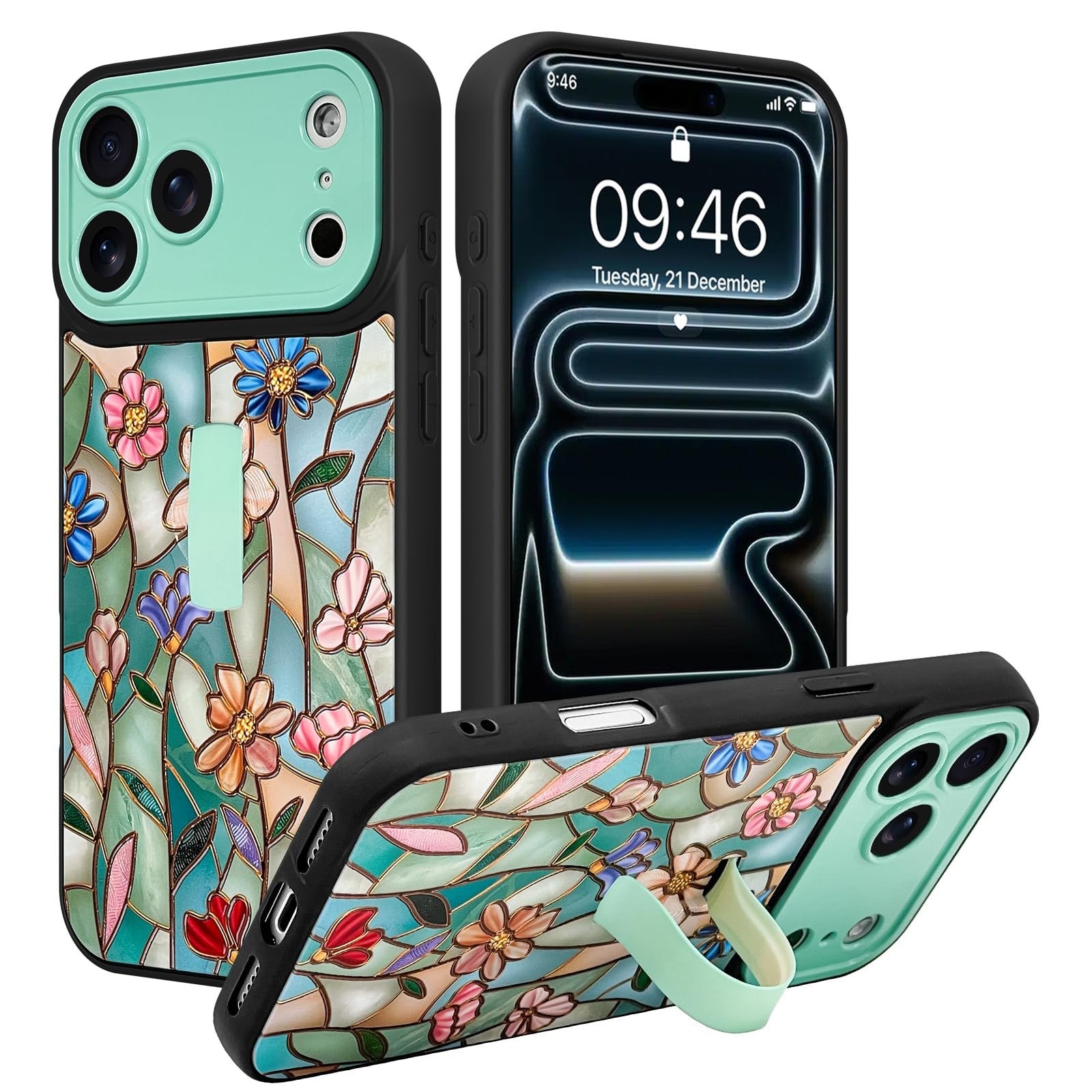 SOKAD 3D floral iPhone 17 Pro case with finger strap and kickstand, featuring vibrant flower design and protective build.