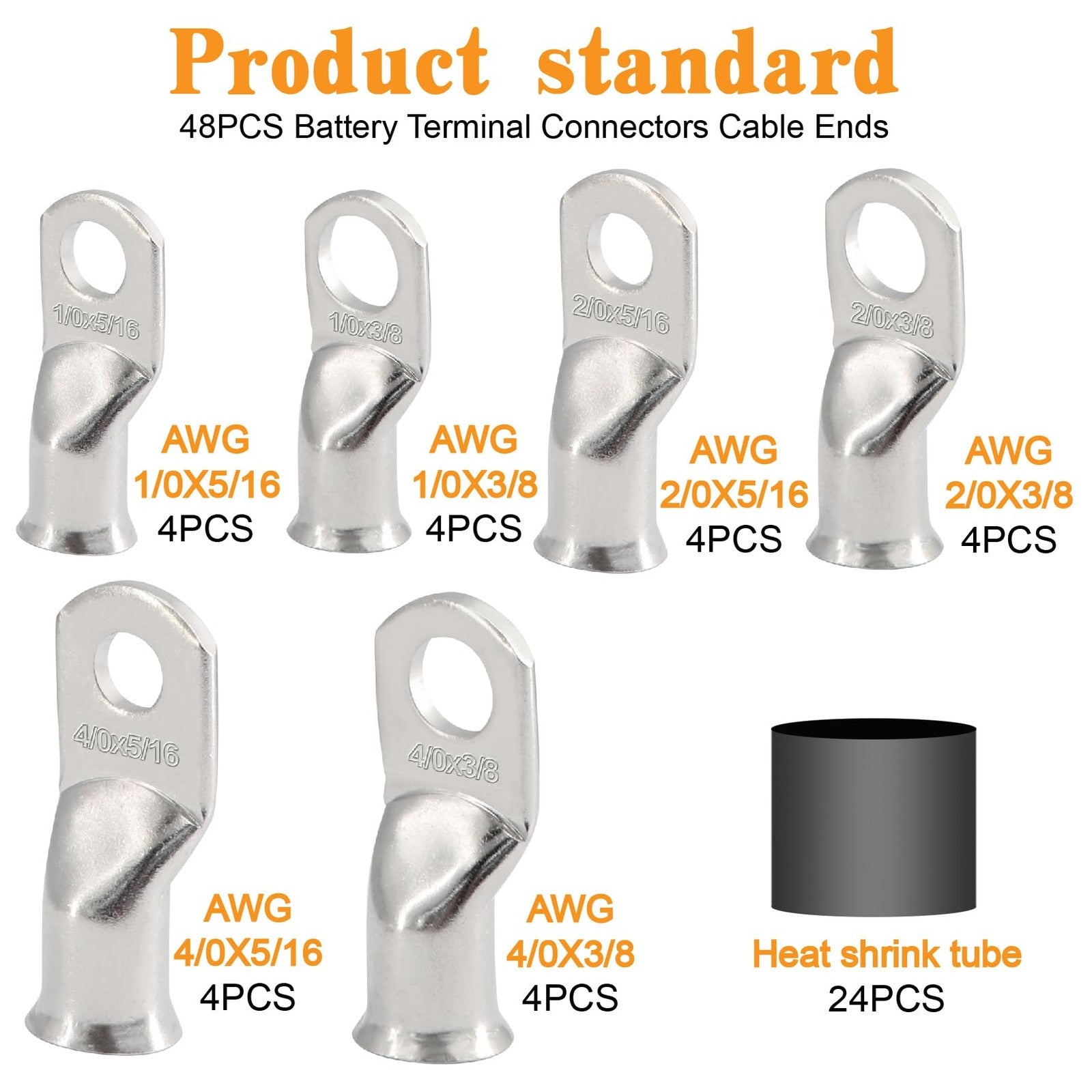 Set of 48 copper tinned battery terminal connectors with crimp ends for AWG 1/0, 2/0, and 4/0 cables, by Taukealugs.