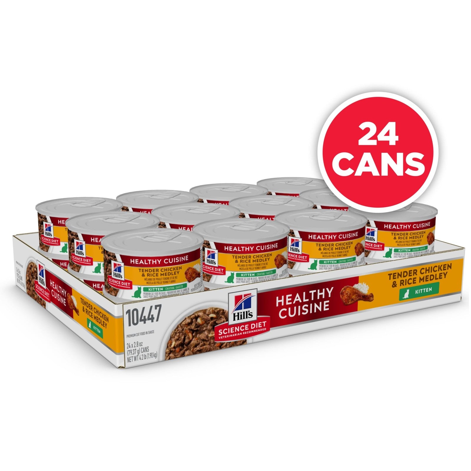 Cans of Hill's Science Diet Kitten Wet Cat Food Chicken and Rice Stew, 2.8oz, featuring colorful packaging and a serving bowl