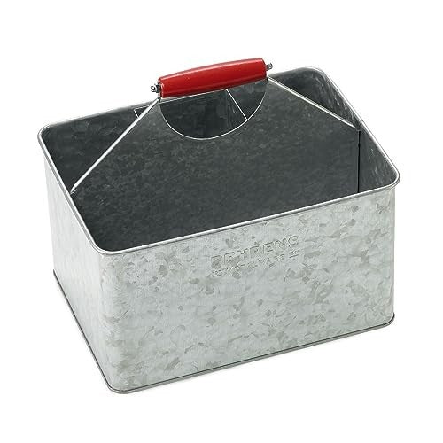 Galvanized rectangular partitioned cleaning caddy with red handle, Behrens brand, for organizing cleaning supplies