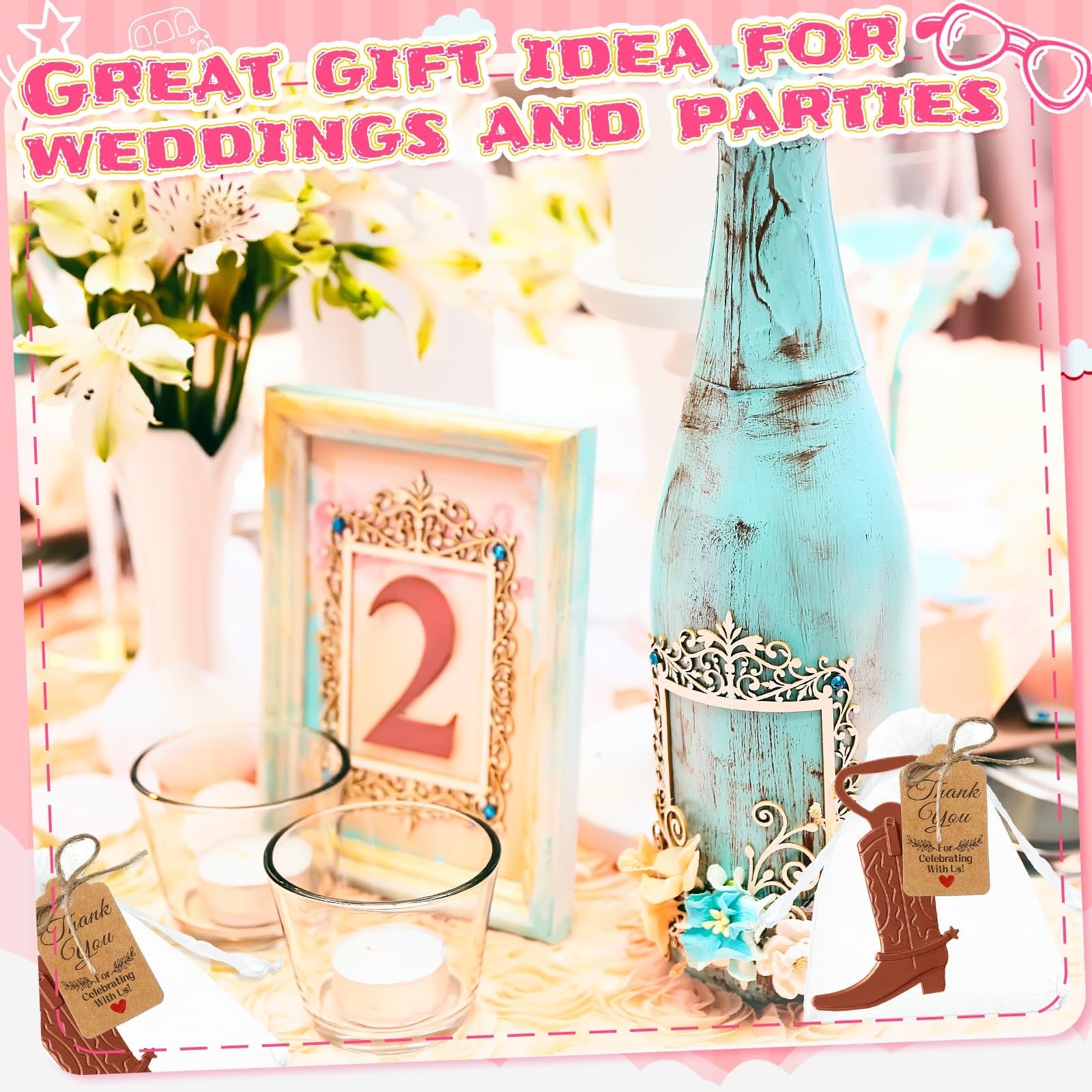 Meanplan cowboy boot bottle opener set with 99 pieces featuring cowgirl and western themed designs for weddings and parties.