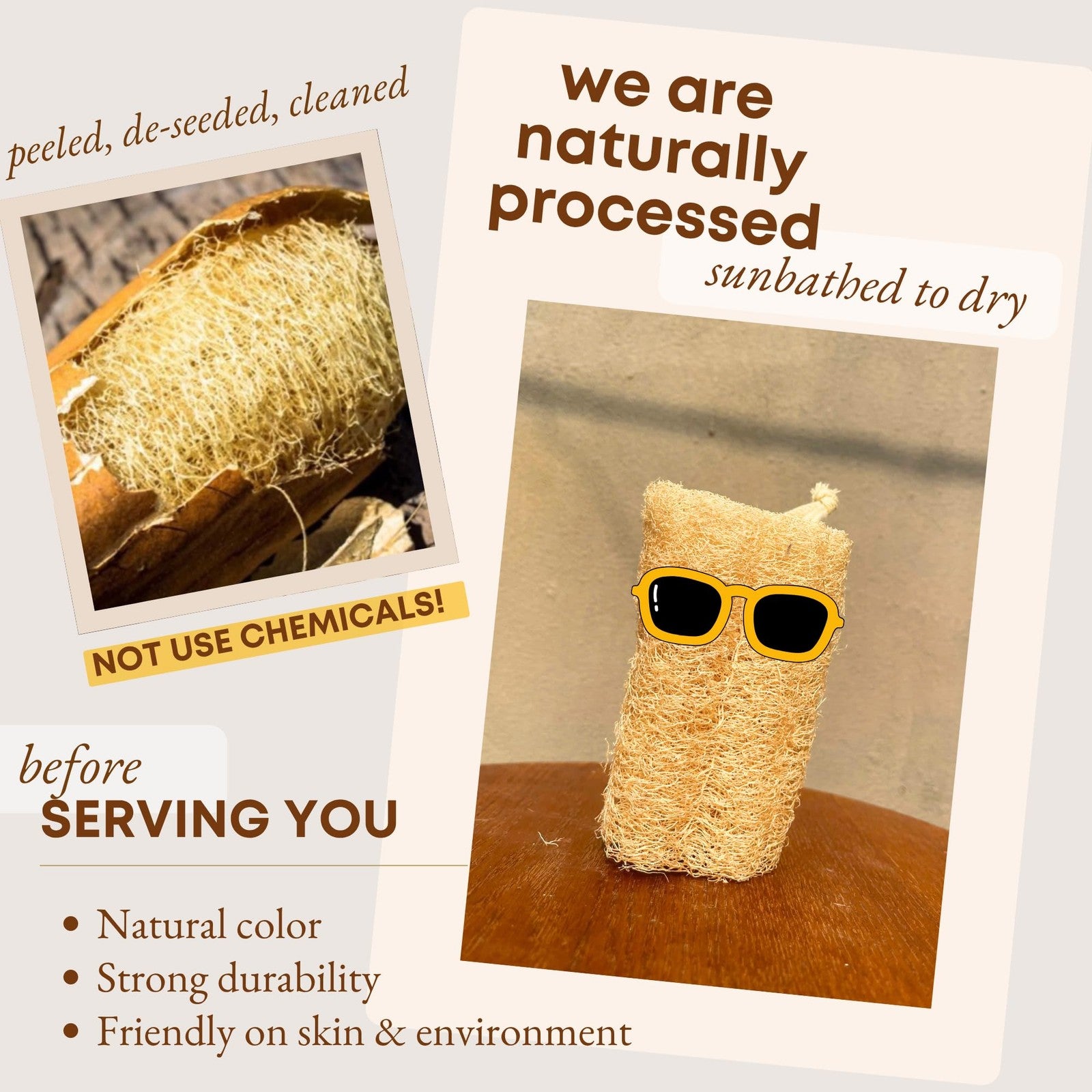 Miw Piw natural loofah sponge 4-pack, exfoliating body bath dish scrubber, ideal for skincare and kitchen cleaning.