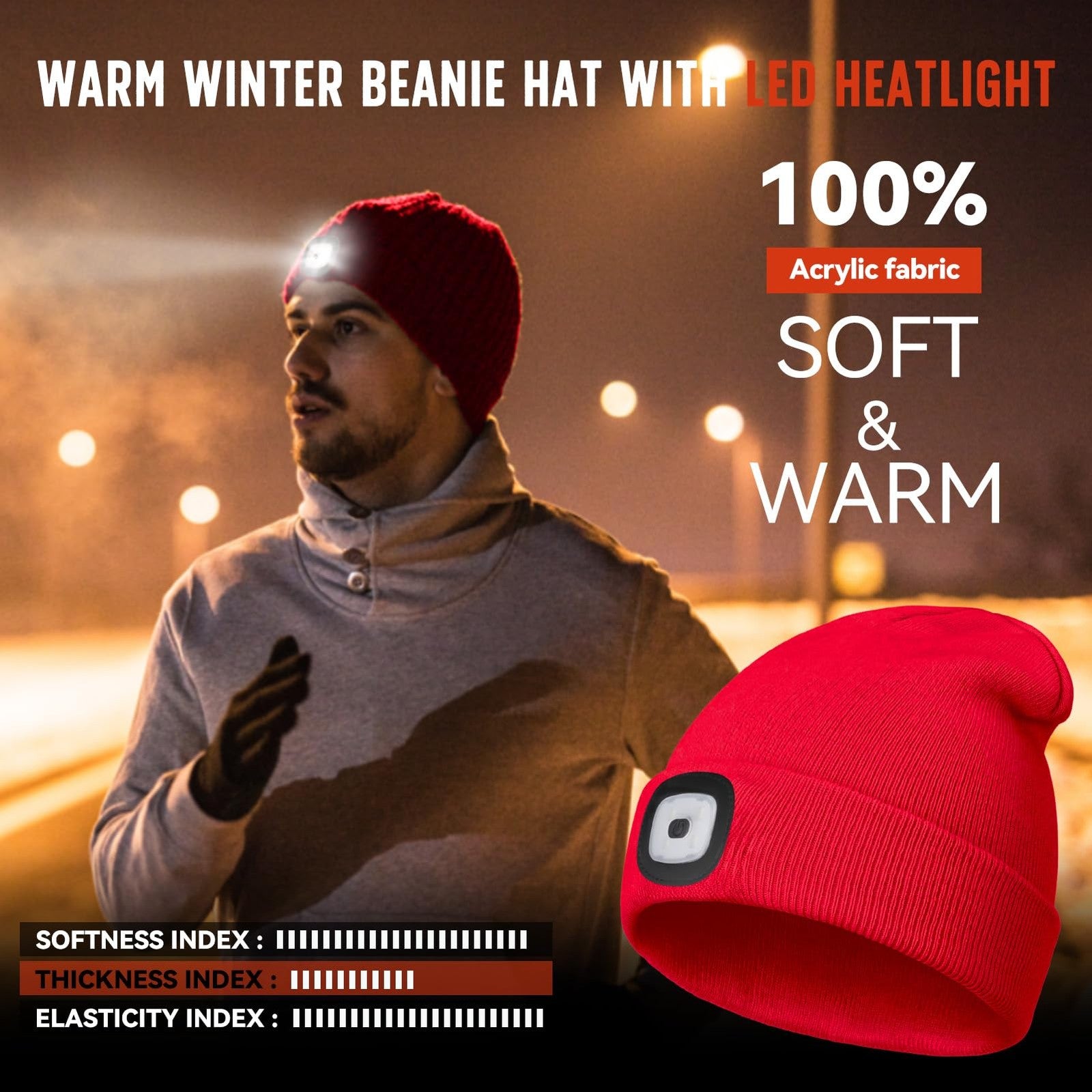 SYMNTEM unisex LED beanie hat with built-in rechargeable headlight, featuring a USB charging port and soft, warm knit fabric.