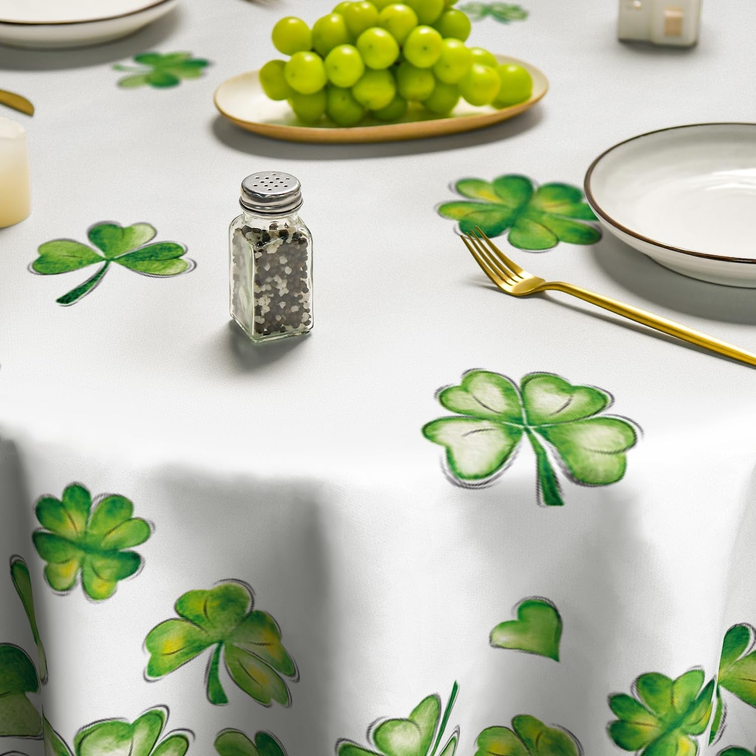 Horaldaily St. Patrick's Day round tablecloth with watercolor shamrock design, 90 inches diameter, festive Irish-themed decor.