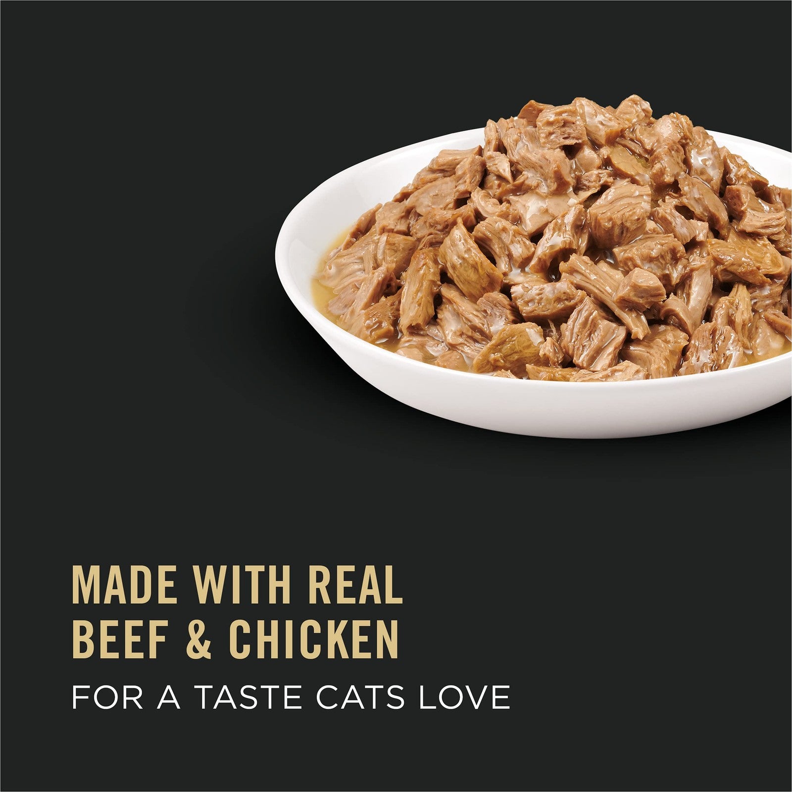 Canned Purina Pro Plan high protein cat food with beef and chicken gravy in a pack of 24, showing the wet cat food entres in bowls.