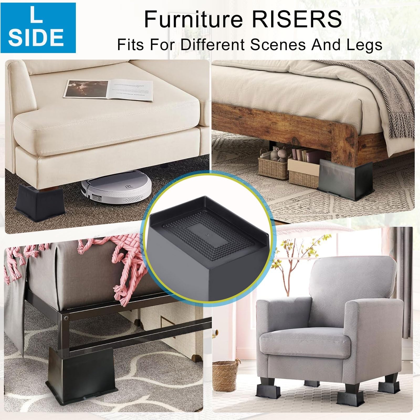 EGTTGIN 4-inch heavy-duty black bed risers supporting furniture with 6000 lbs capacity, showing sturdy design and lifting height.