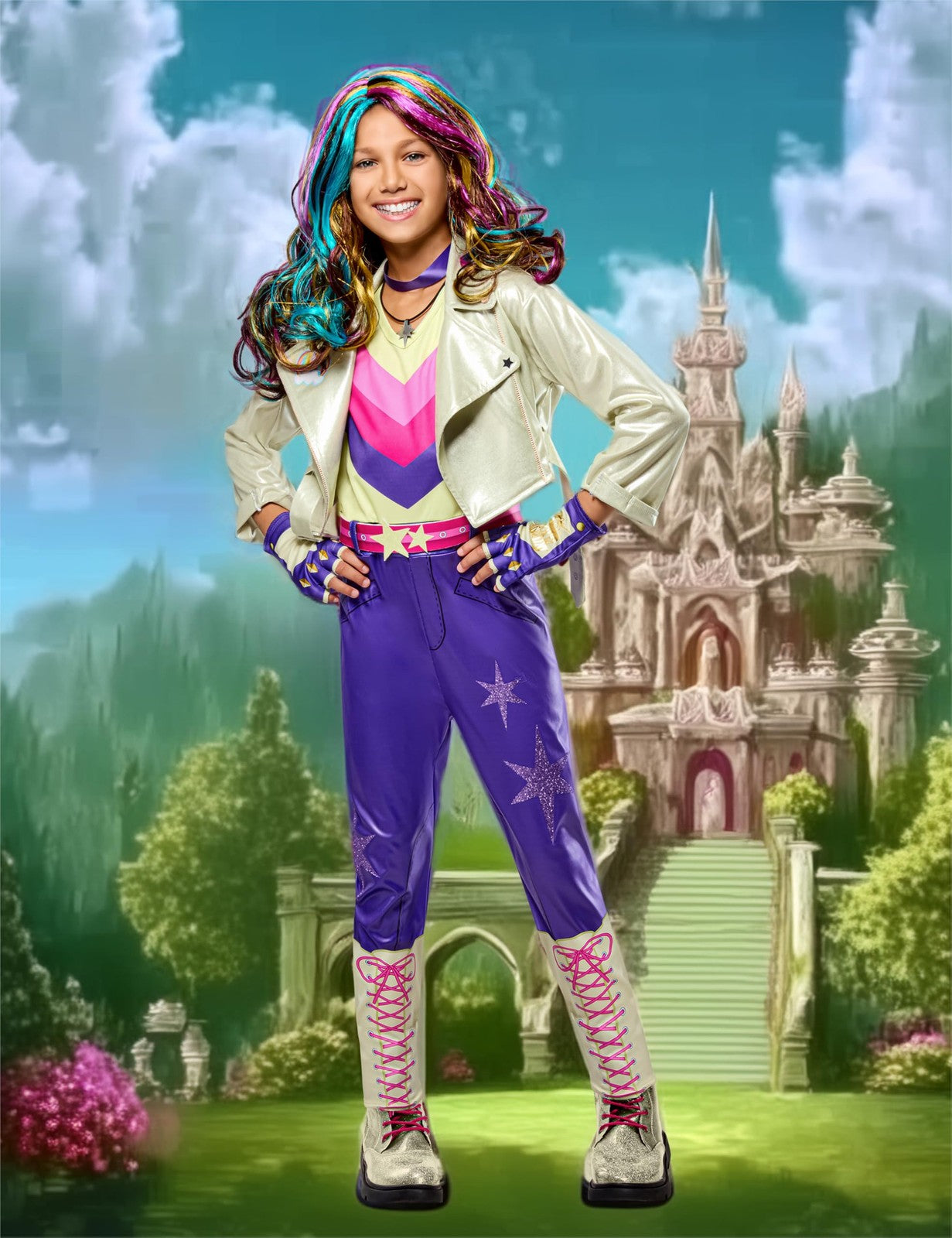 Rubies Unicorn Academy Sophia Mendoza kids girl costume in large size, featuring a colorful unicorn-themed dress for children.