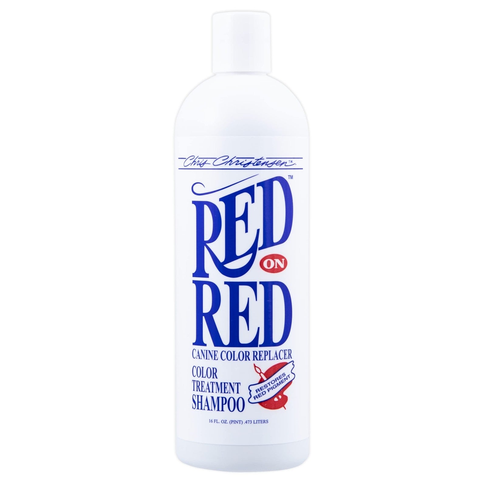 Chris Christensen Red on Red dog shampoo bottle for red and mahogany coats, with a clean, professional design.