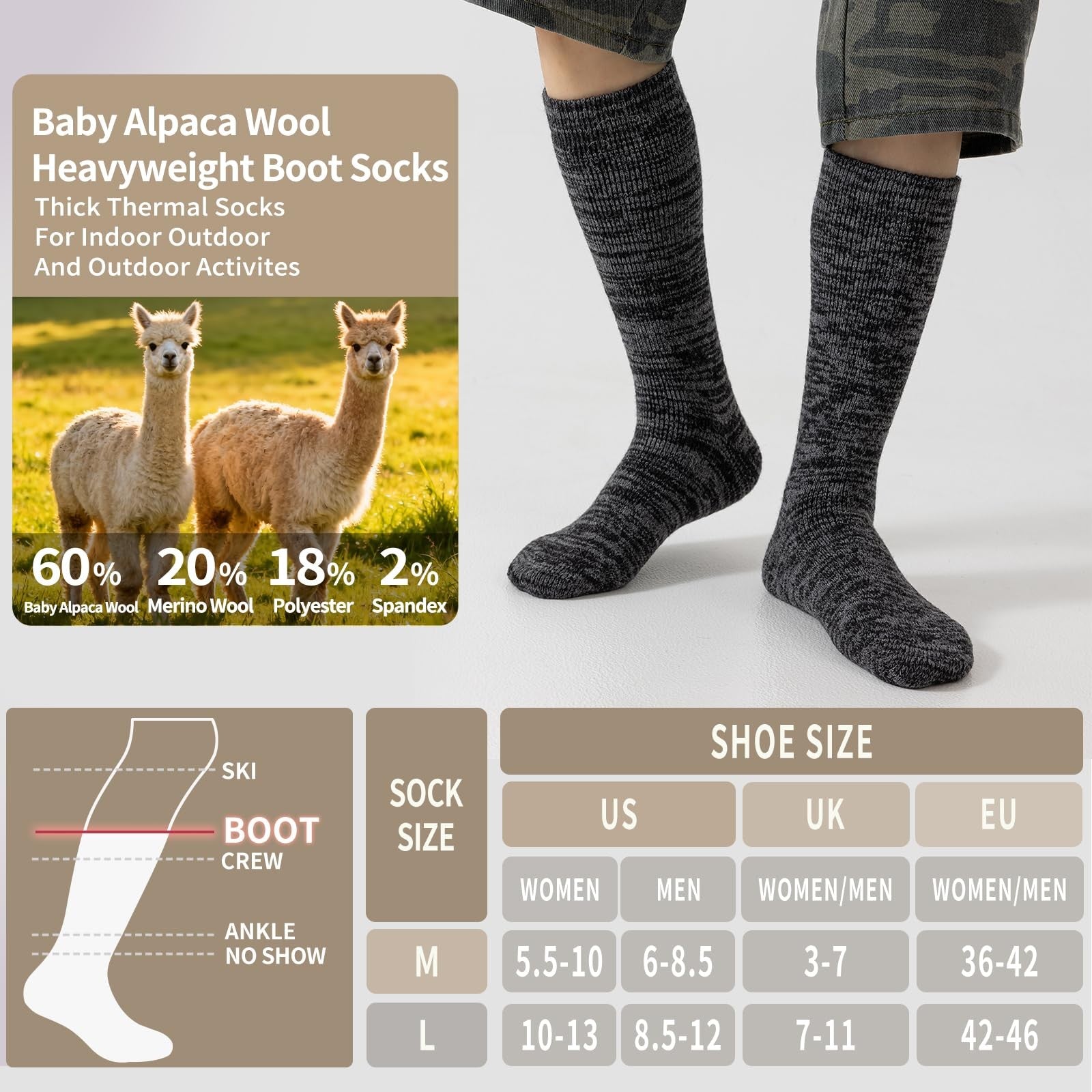Three pairs of ORVYTHA alpaca wool boot socks for men and women, thick, warm, and thermal for cold weather.
