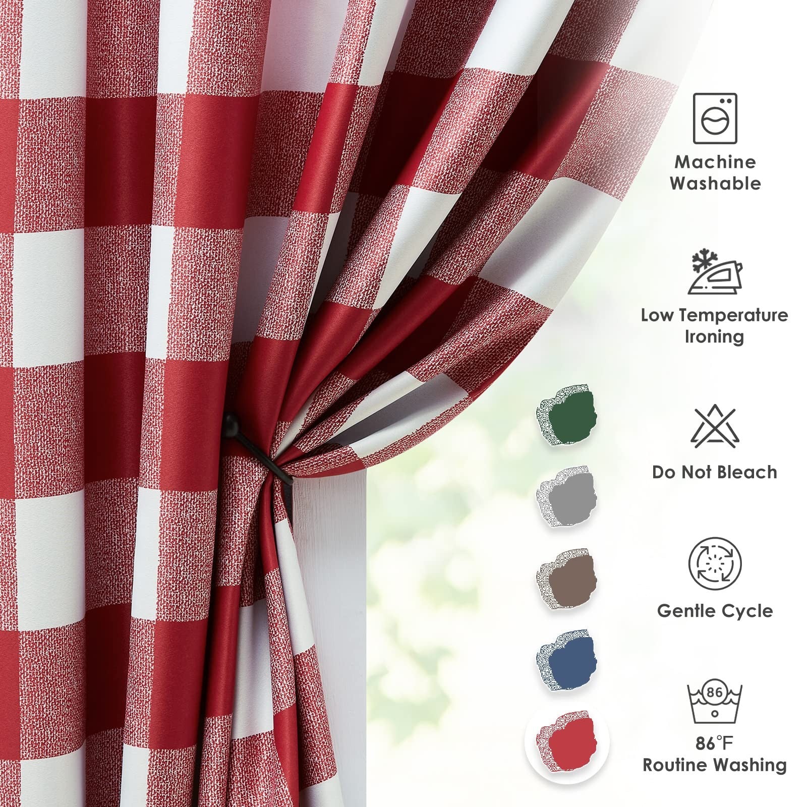 Melodieux black and white buffalo check plaid blackout curtains hanging in a bedroom, 90 inches long, for light and privacy control