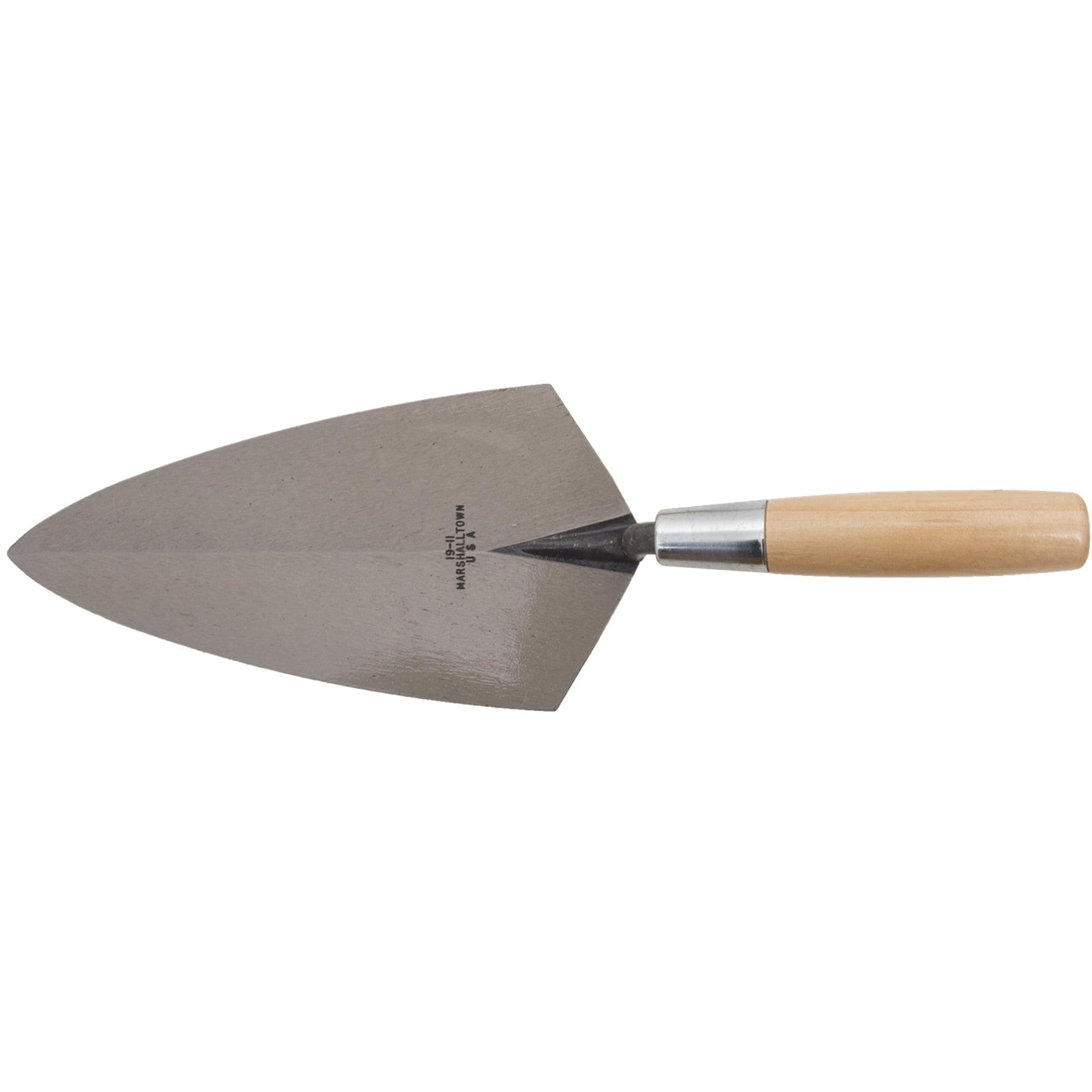 Marshalltown Philadelphia Style brick trowel with wooden handle, 10 x 5 inches, used for bricklaying and masonry work.
