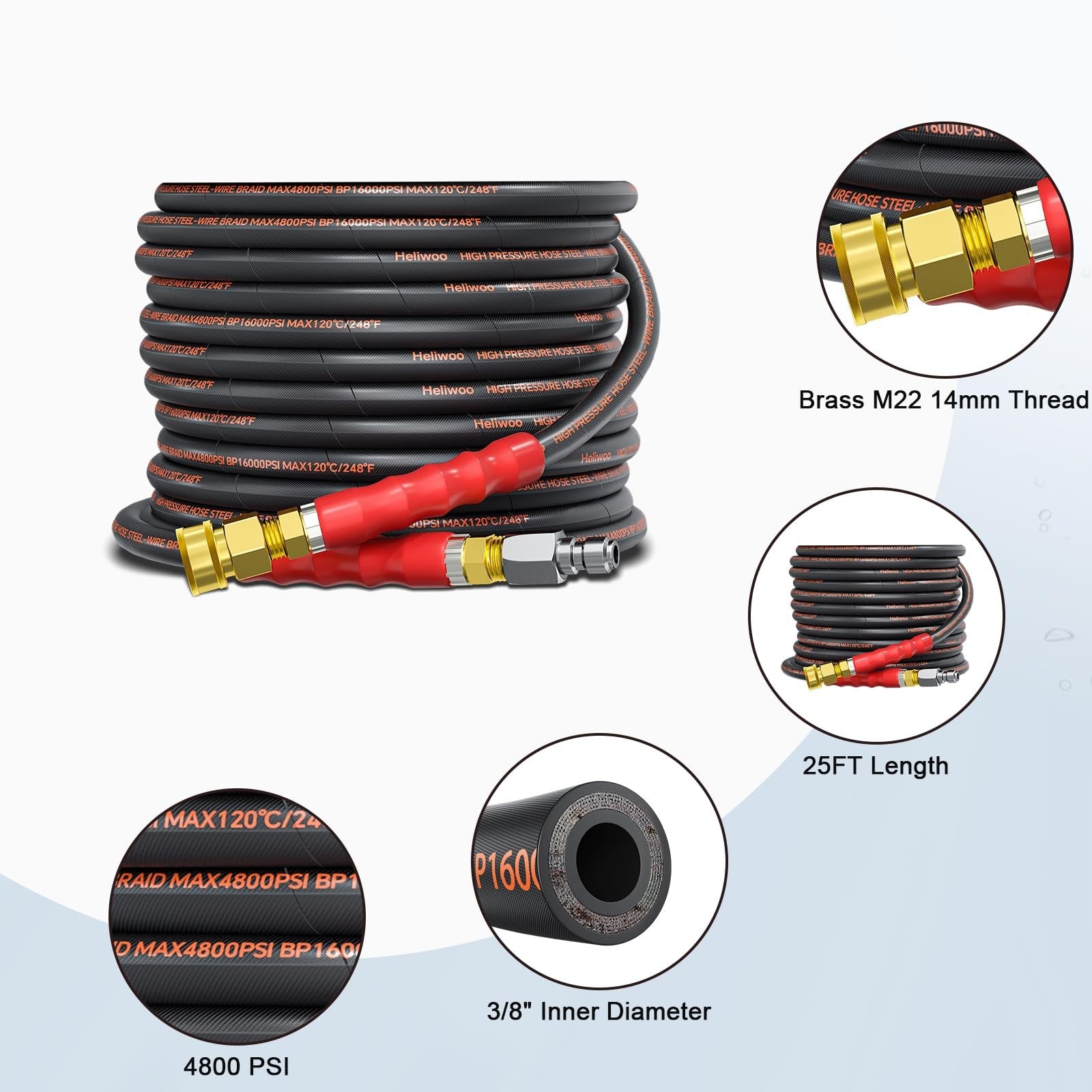 Heliwoo 25ft pressure washer hose with 3/8-inch diameter, kink-free design, rated for 4800 PSI, compatible with various pressure washer models.