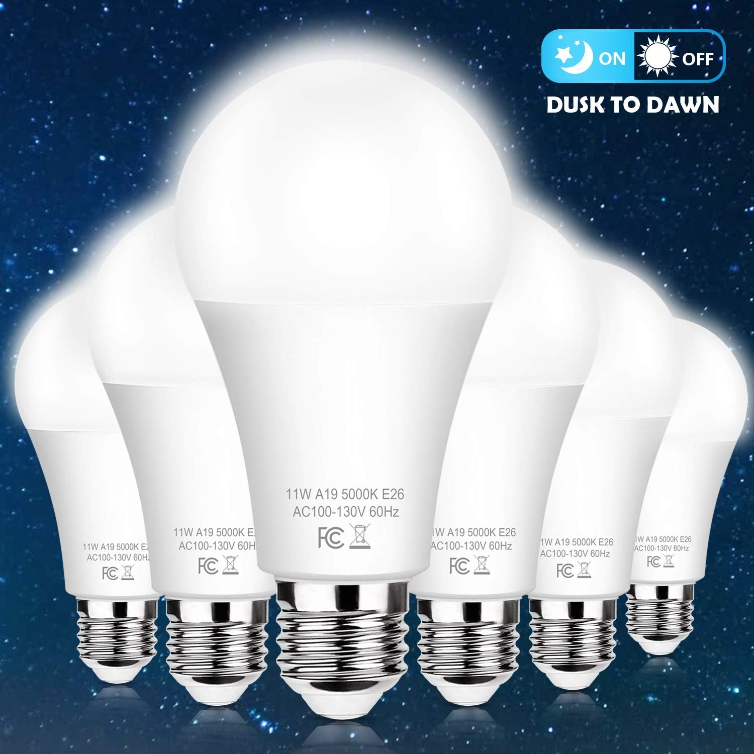 Six unbranded A19 dusk to dawn LED light bulbs, 11W with E26 base, showing the bulbs installed in a fixture.
