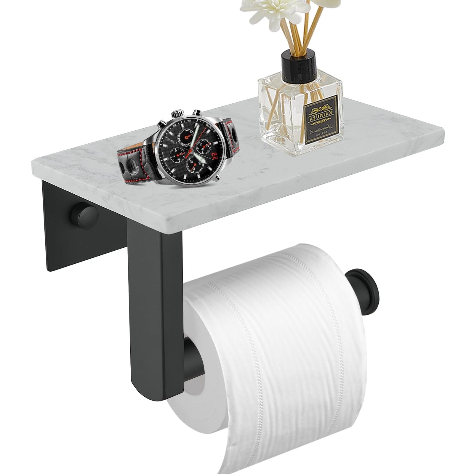 Matte black BWE marble toilet paper holder with shelf mounted on wall, made of 304 stainless steel, featuring sleek modern design