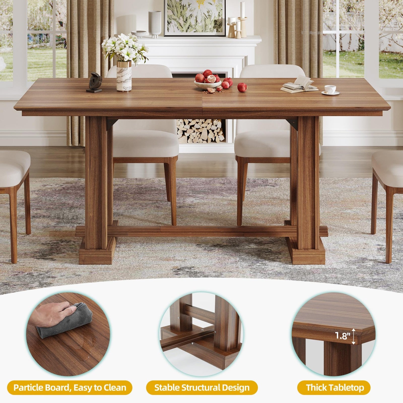 Wooden farmhouse dining table for 6-8 people, 70 inches long, sturdy kitchen table with a rustic design.