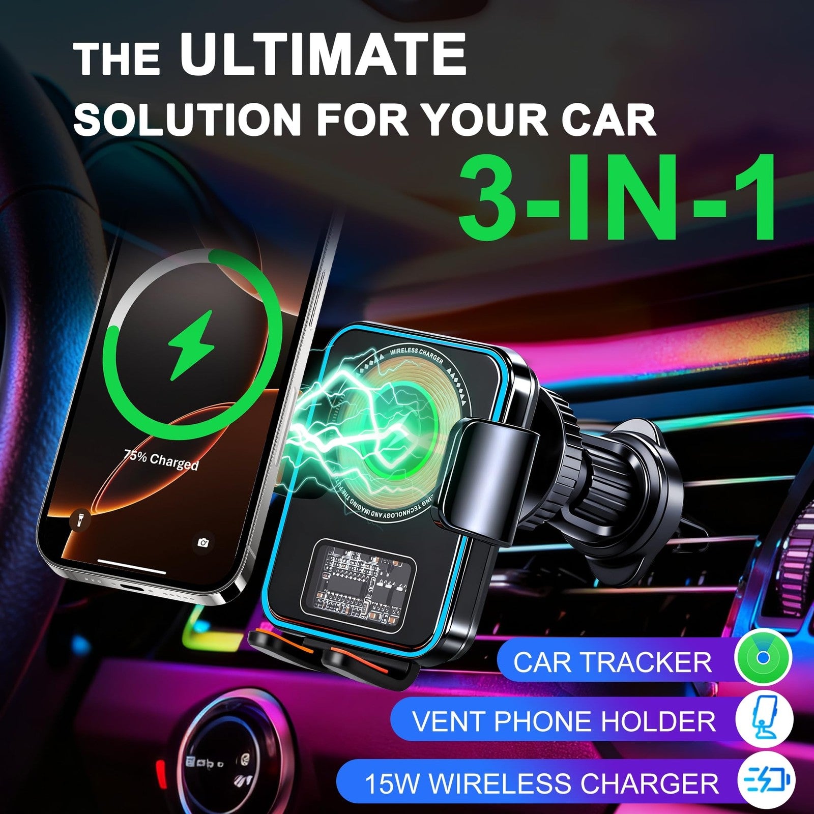 Gudluky 15W fast wireless car charger with built-in GPS air tracker tag, compatible with iOS devices, mounted in a vehicle.