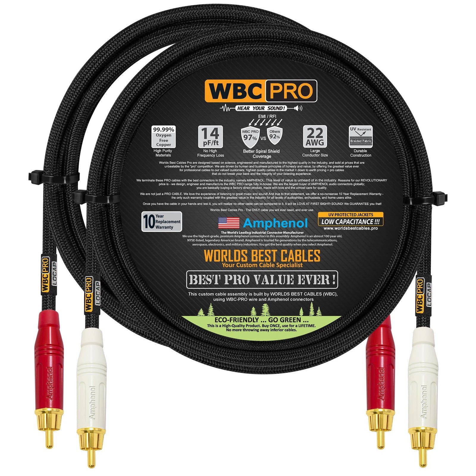 WORLDS BEST CABLES WBC-PRO-LOCAP 3-foot RCA cable pair with low-capacitance 14pF/ft, 22 AWG audiophile-quality audio cables