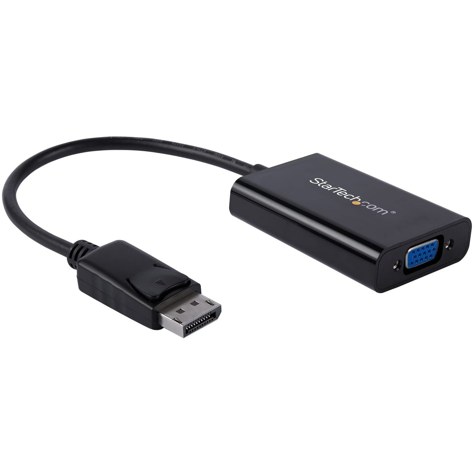 StarTech.com DisplayPort to VGA adapter with audio, showing the compact converter device connected to a computer for high-resolution display.