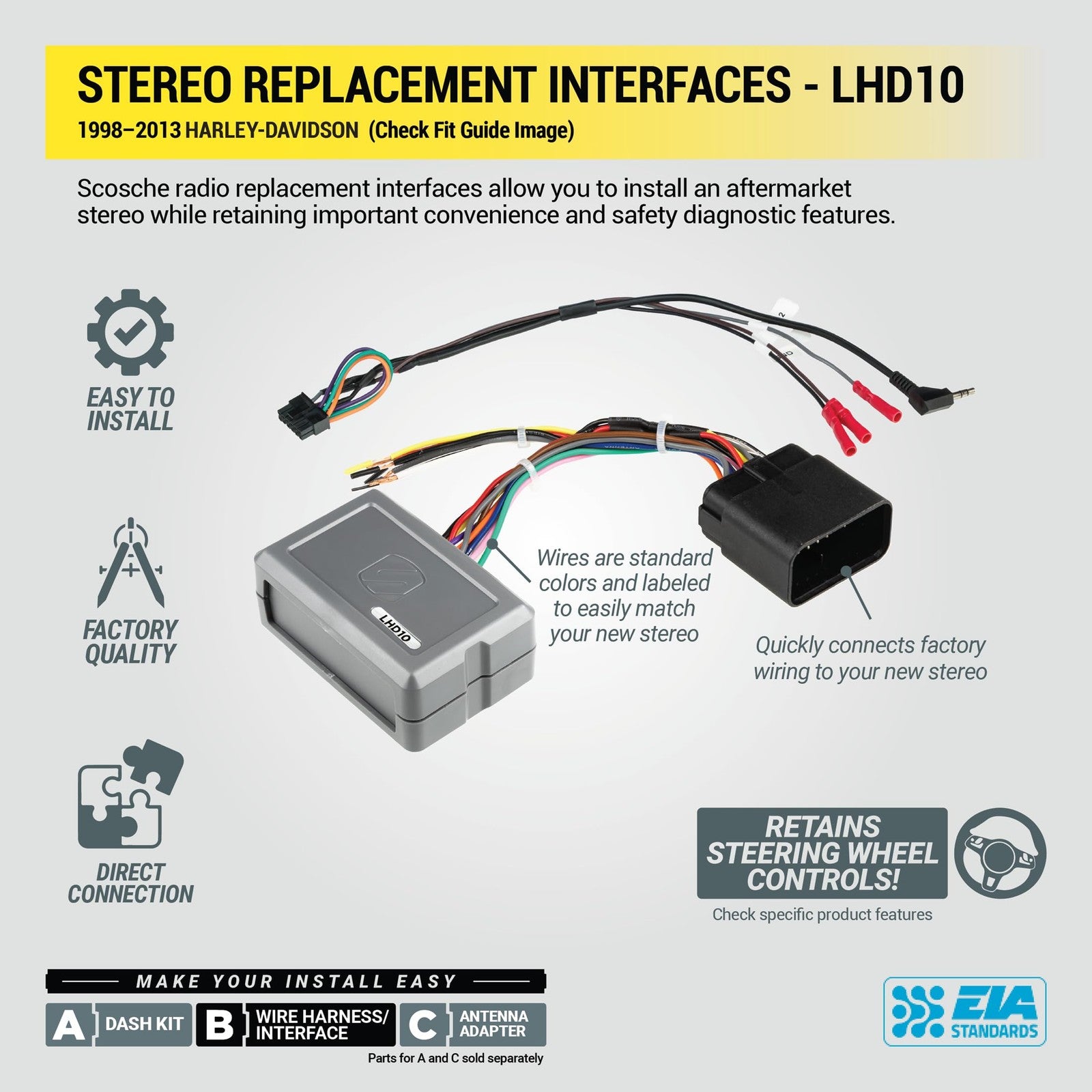 Scosche Harley Davidson audio interface adapter with radio wiring harness for 1998–2013 motorcycle stereo systems.