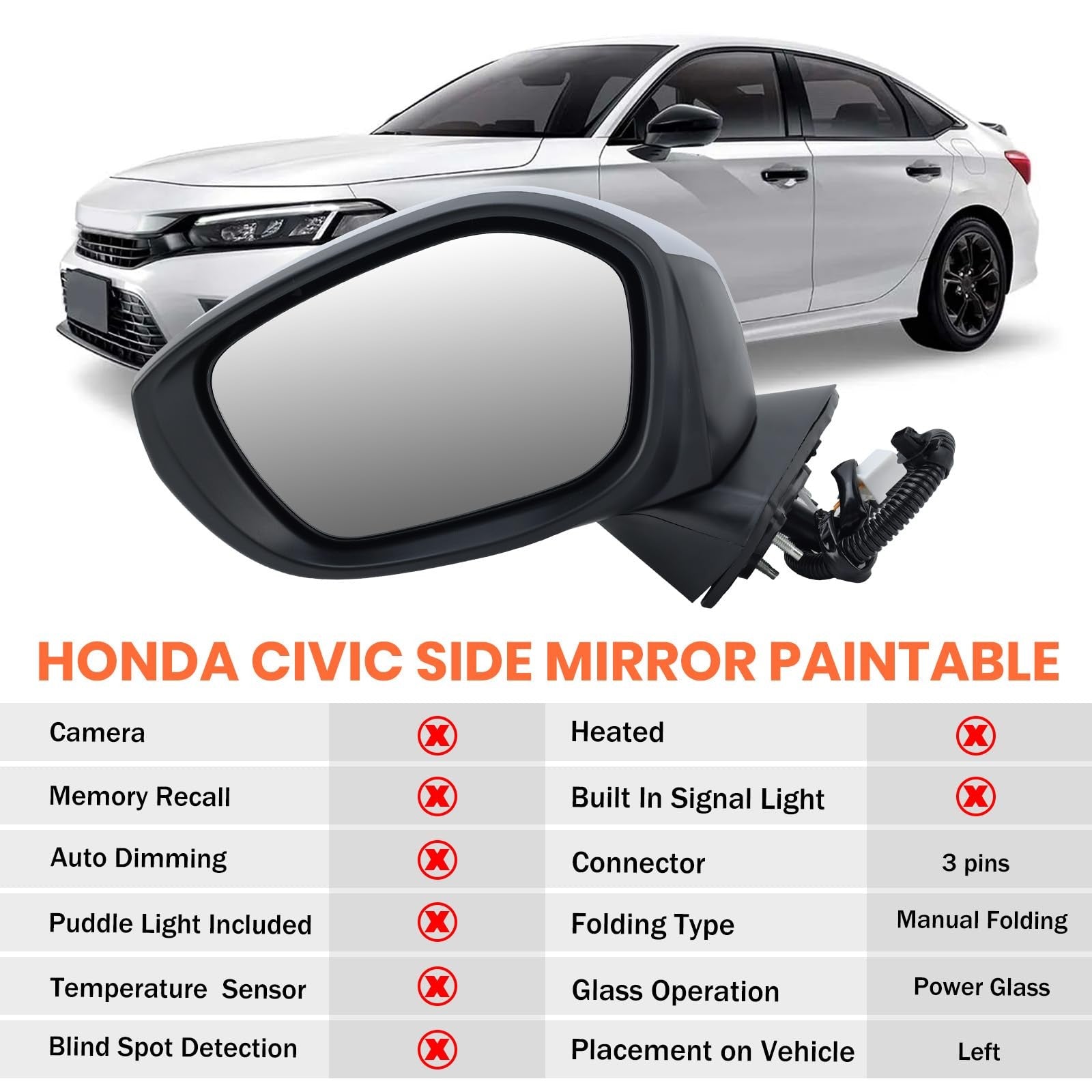 MOFOAP left driver side mirror for 2022-2023 Honda Civic Sedan and Hatch, showing the mirror and mounting bracket.