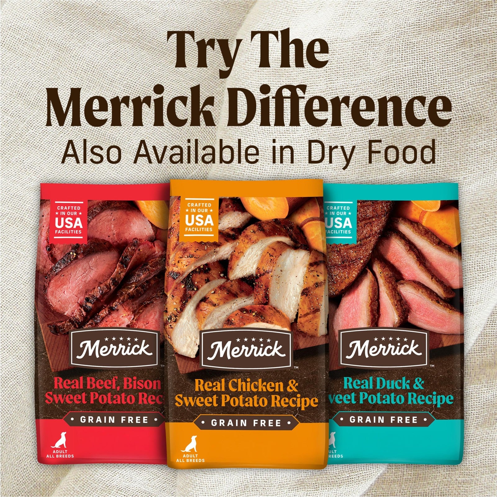 Merrick Grain Free Natural Canned Dog Food with real Texas beef, showing a filled dog food can with beef chunks and natural ingredients.