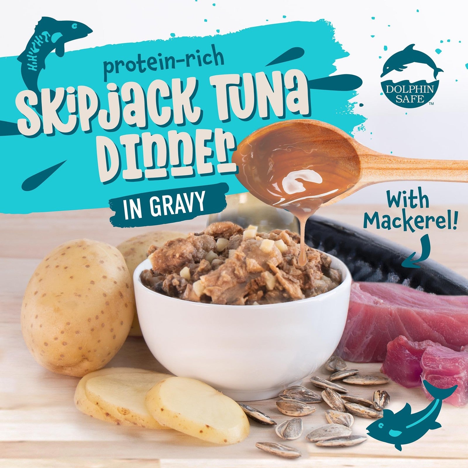 Earthborn Holistic Monterey Medley wet cat food with skipjack tuna and grilled mackerel, featuring a variety of fish in a savory dinner.