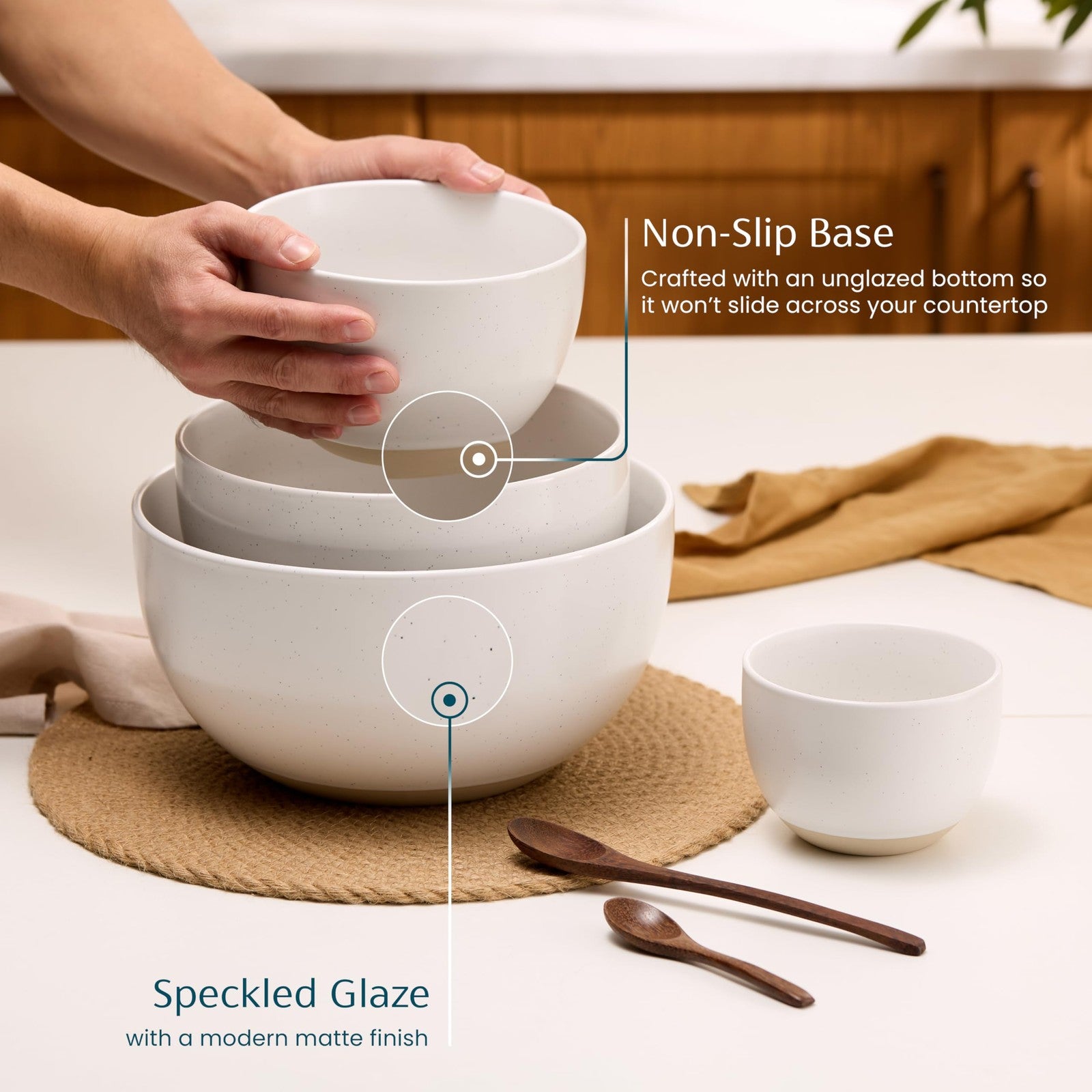 Set of KooK ceramic nesting mixing bowls in various sizes, stoneware kitchen bowls for prep and cooking, with a smooth, glazed finish.