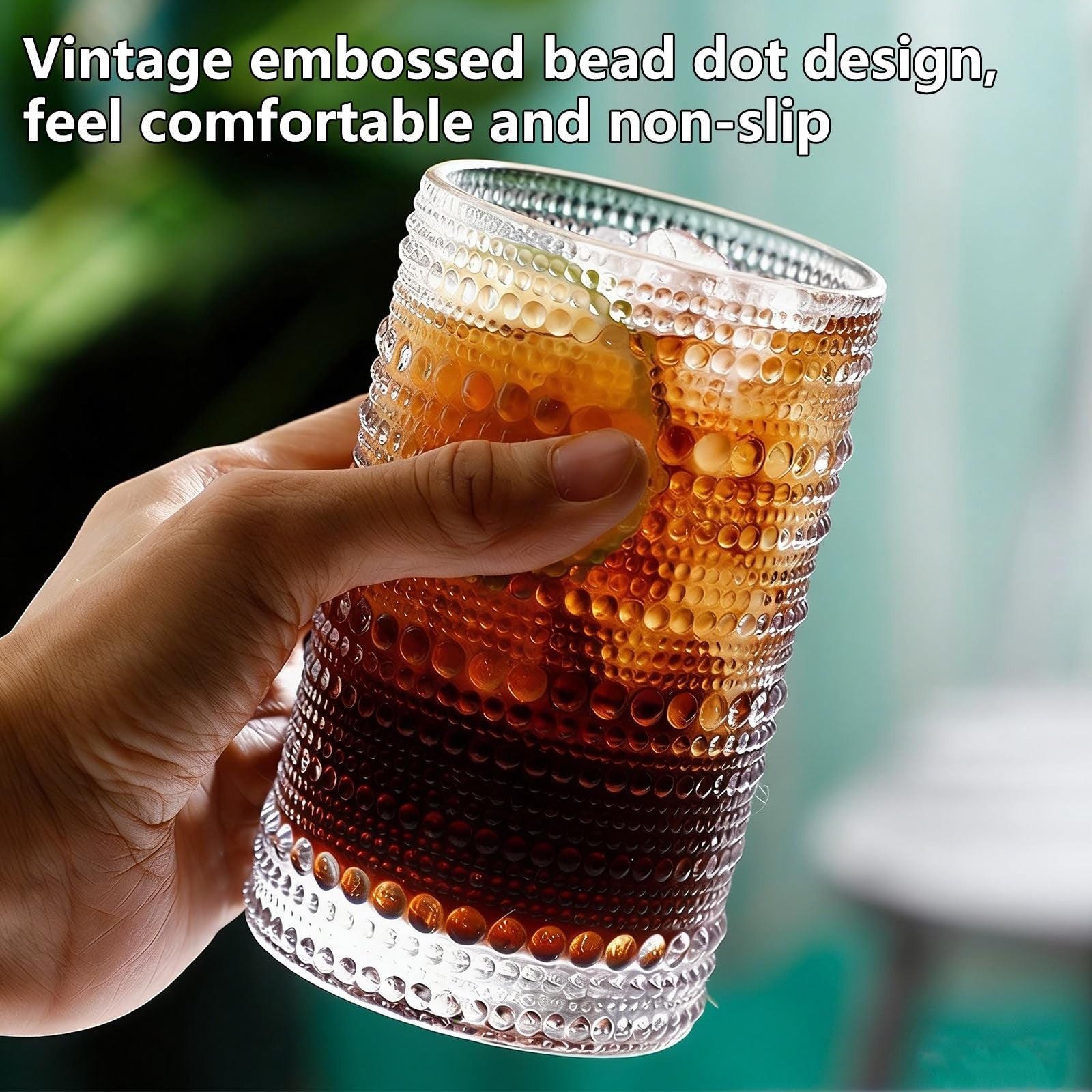 Set of 8 VANKUTL hobnail 12 oz drinking glasses with textured glass design, perfect for everyday use or special occasions.