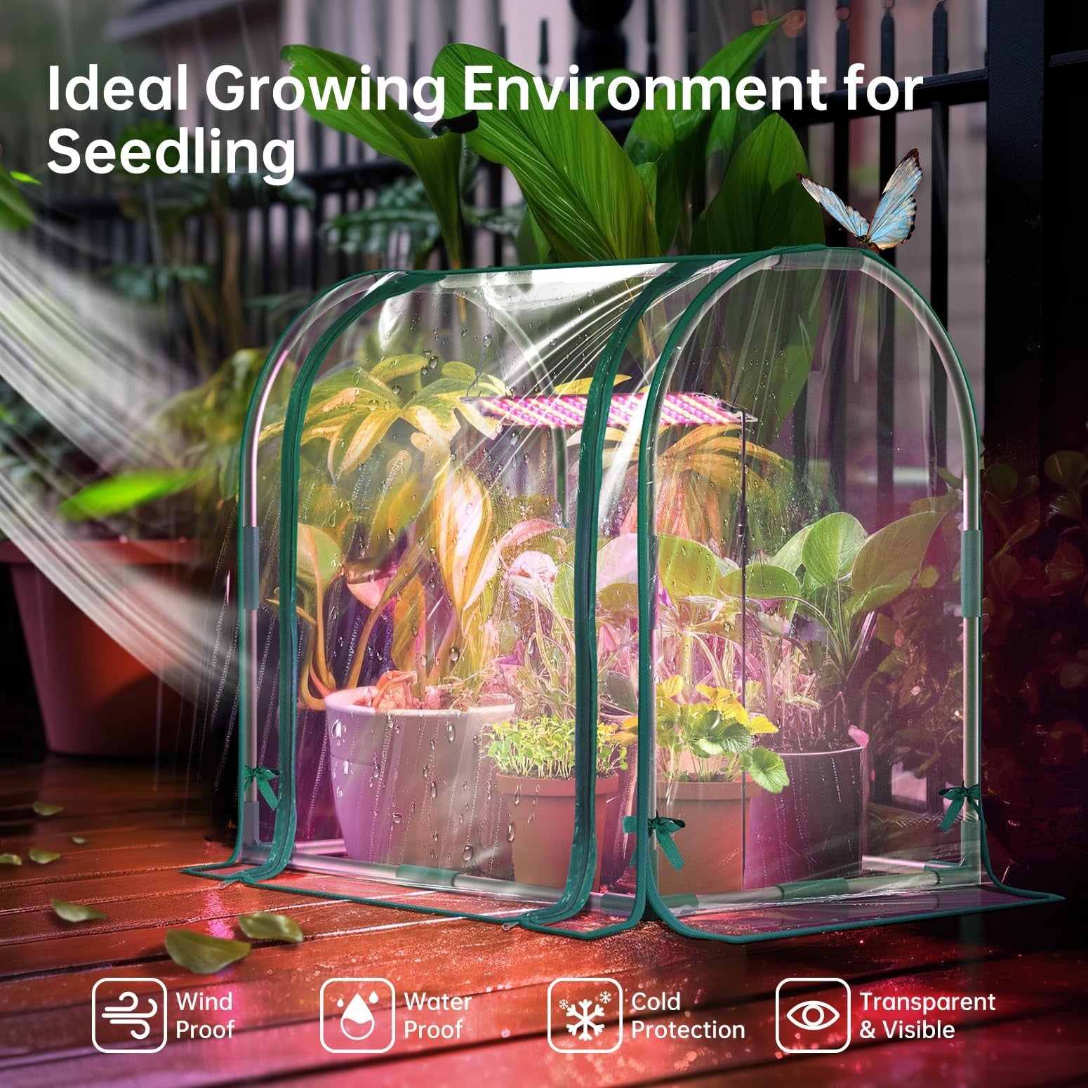 Bstrip Mini Indoor Greenhouse with LED grow lights on a desktop, showing seed starters and small potted plants inside.