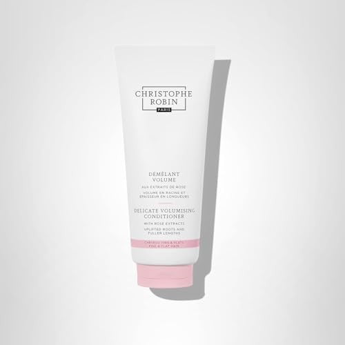 Christophe Robin Delicate Volumizing Conditioner with Rose Extracts for thin, fine hair, showing the conditioner bottle and floral accents