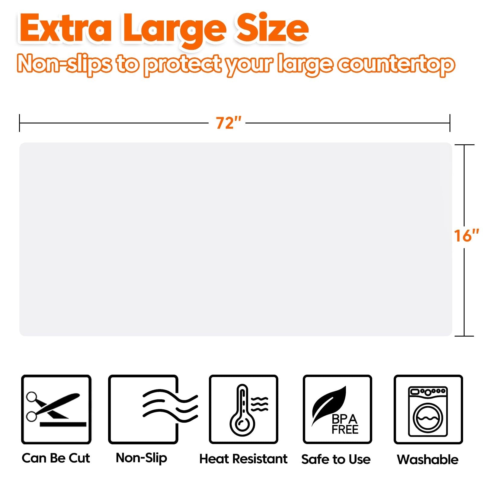 Large Golesh silicone kitchen counter protector mat, 72x16 inches, heat resistant, waterproof, and flexible for kitchen use.